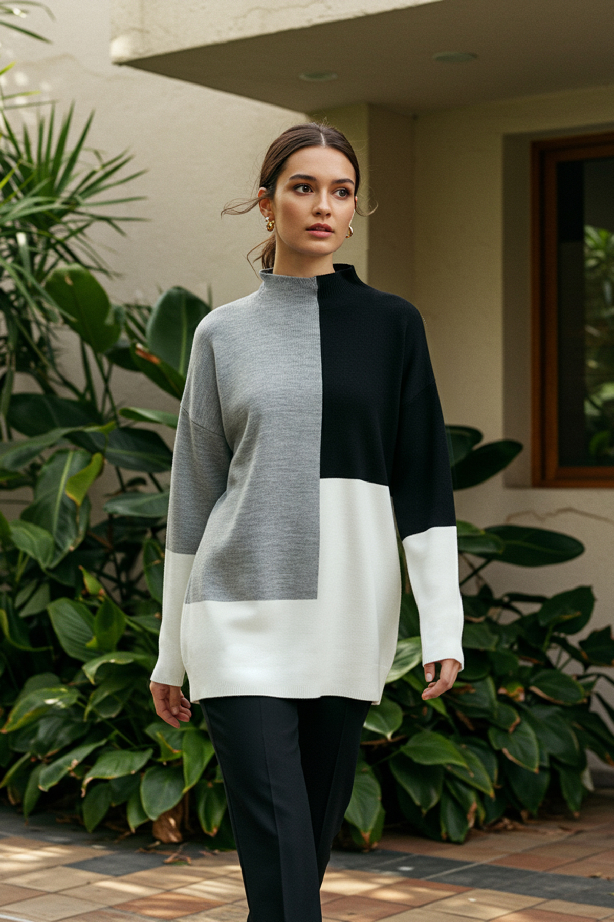 Trendyol Modest Pletený svetr Black Color Block s vysokým límcem TCTAW22AK0054