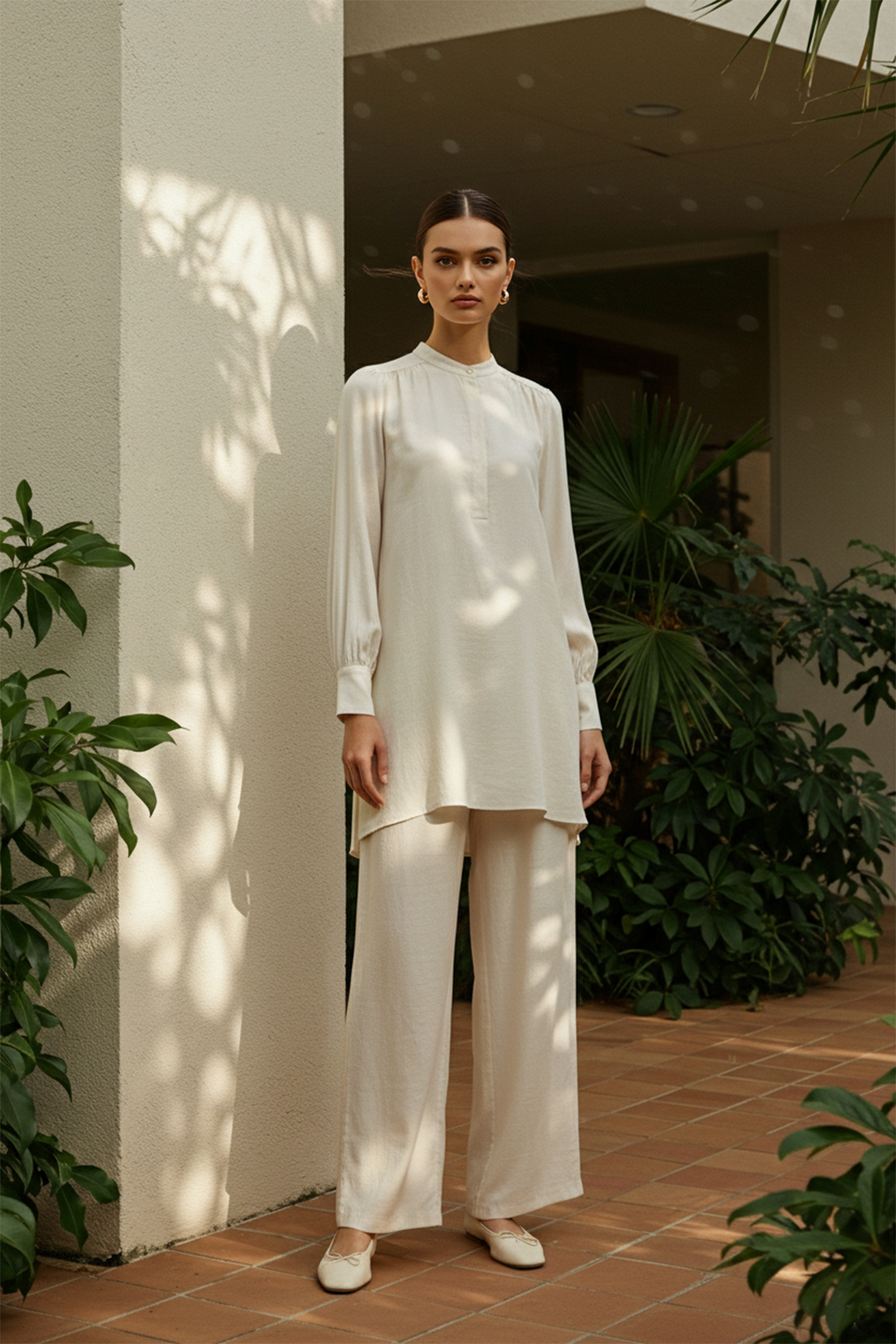 Trendyol Modest Cream Half Hidden Placket Shoulder Detailed Tunic-Pants Woven...