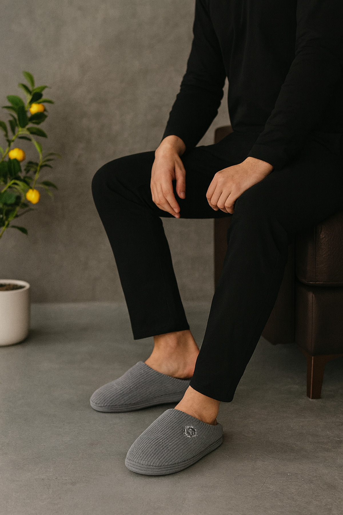 Beyond Erkek Gri Kadife Ev Terliği 3cm BYNDKDF01