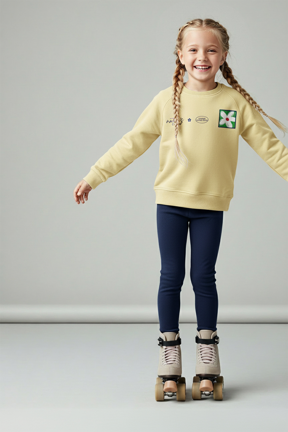 Trendyolmilla Kids Sarı Pamuklu Baskılı Oversize Kalın/İçi Polarlı Kız Çocuk Örme Alt - Üst Takım TKDAW26AU00041