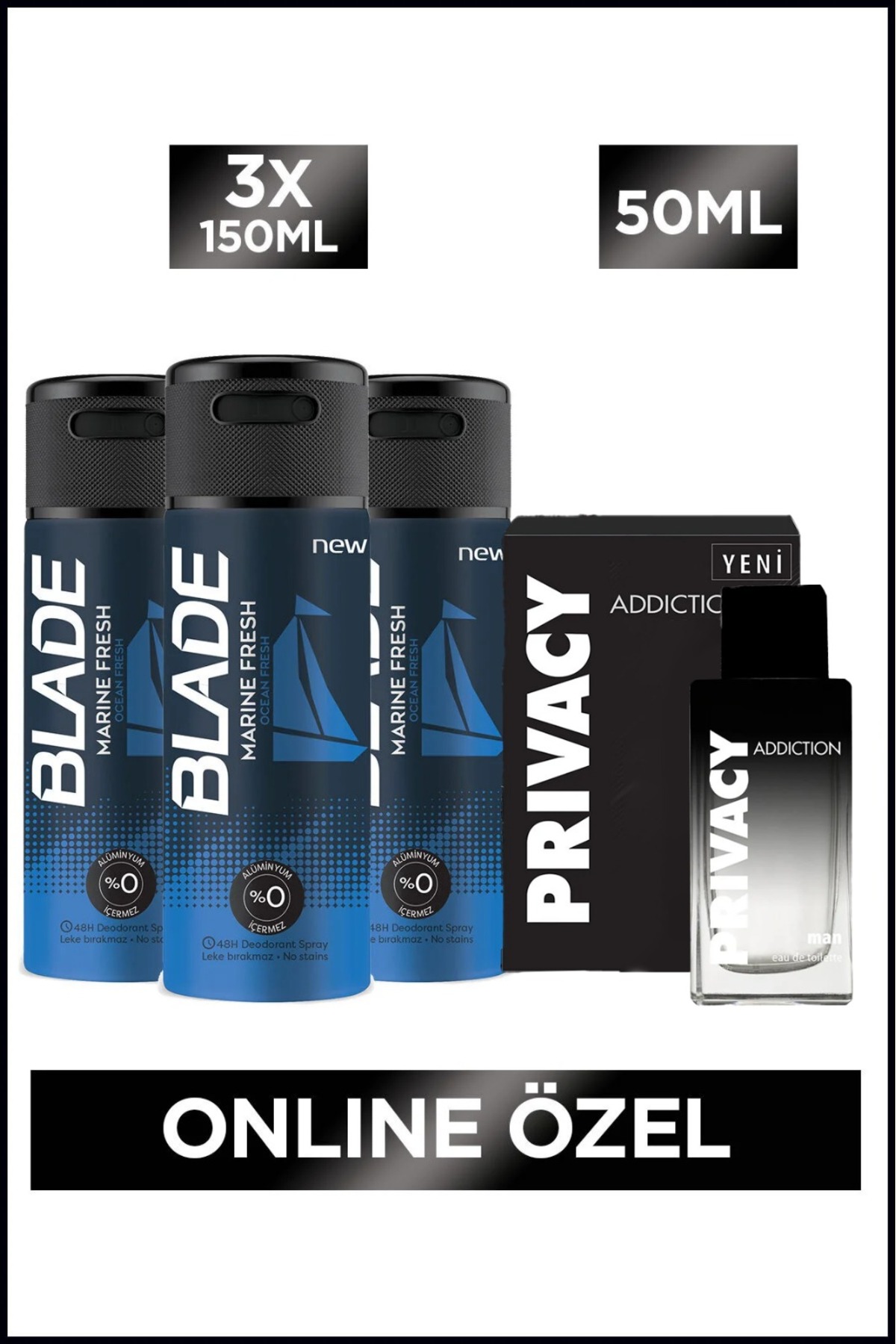 Privacy Man Addiction Edt Erkek Parfüm 50 Ml + Blade Marine Fresh Erkek Deodorant 3x150 Ml