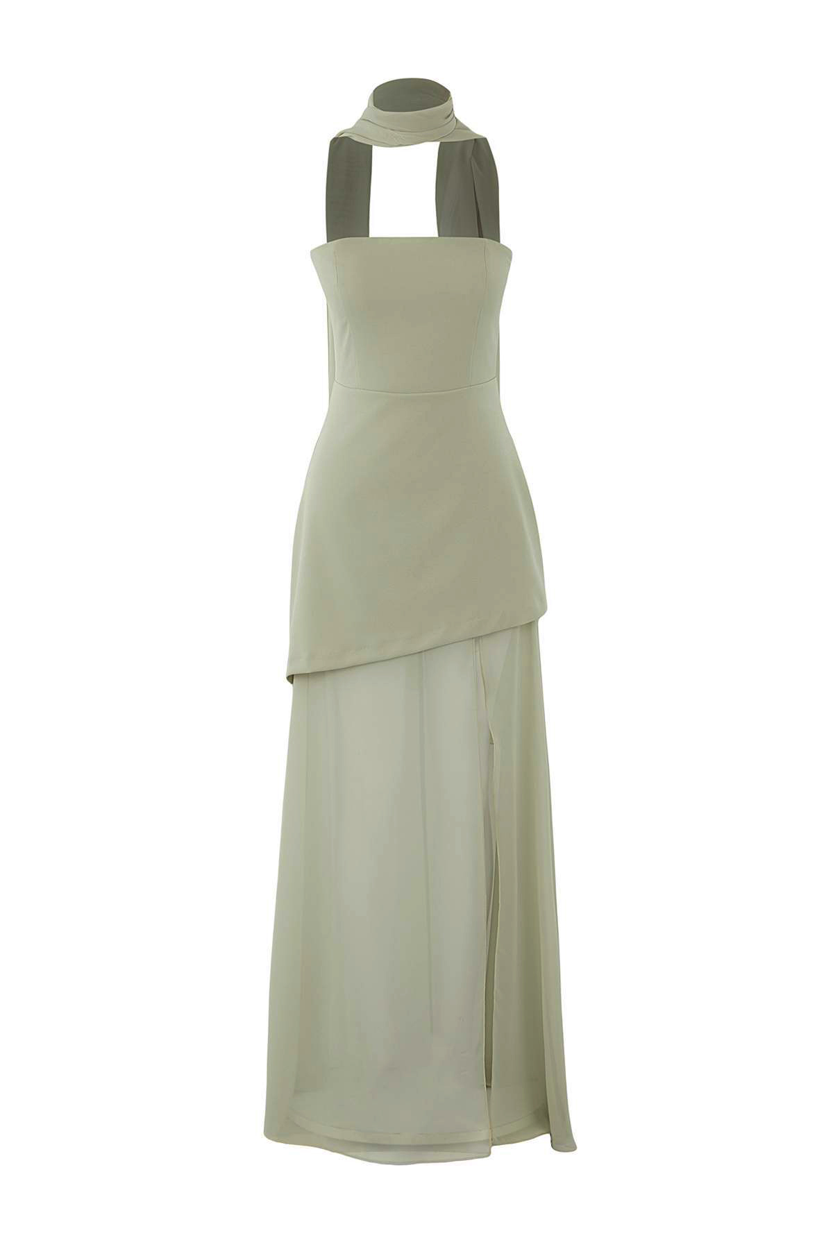 Mintfarbenes, detailliertes, gewebtes Maxi-Abendkleid und Heimkehrkleid TPRSS25AE00188