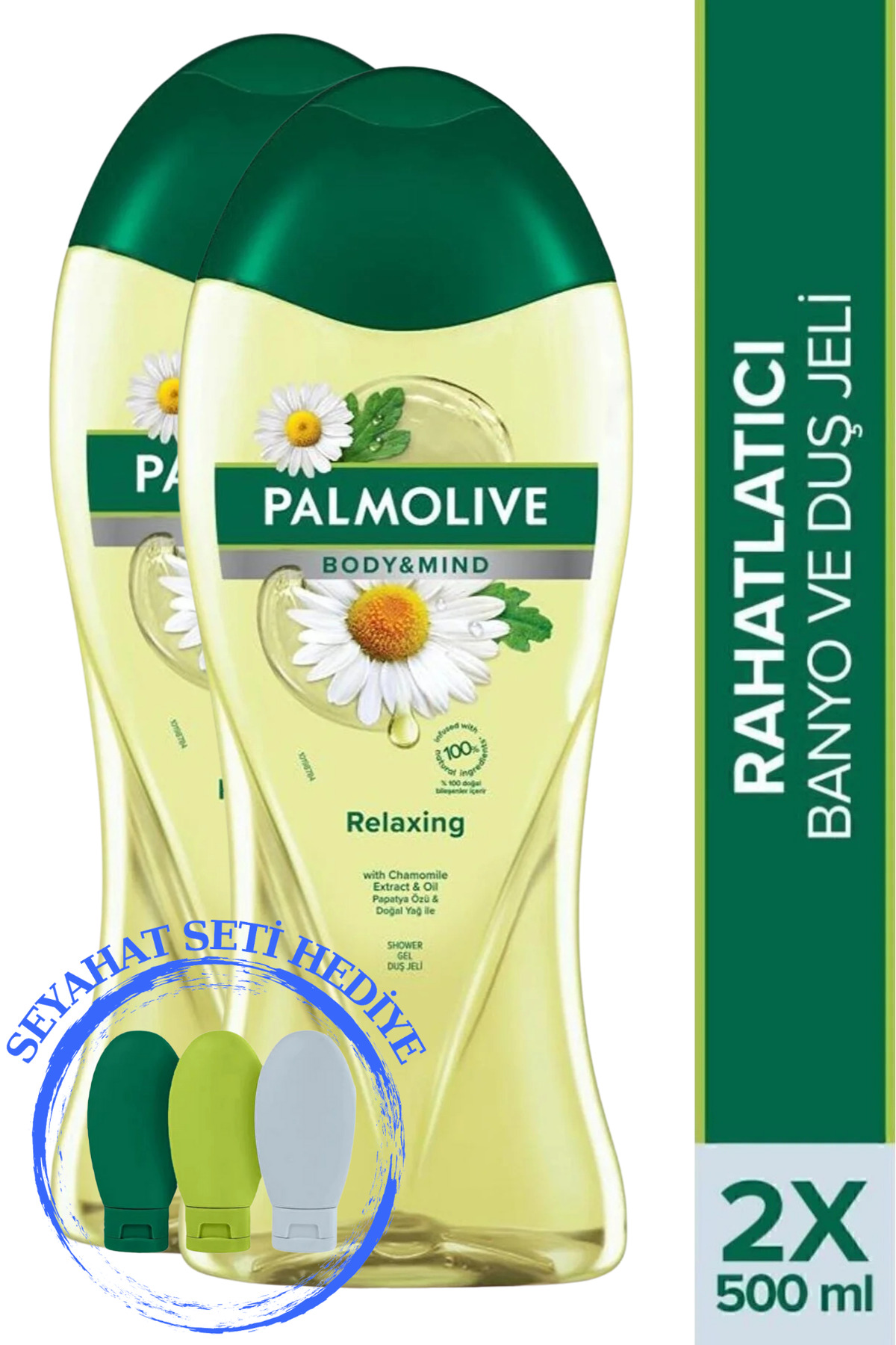 Palmolive Body & Mind Papatya Özü Rahatlatıcı Banyo Ve Duş Jeli 500 ml X 2 Adet + Seyahat Kiti Hediye