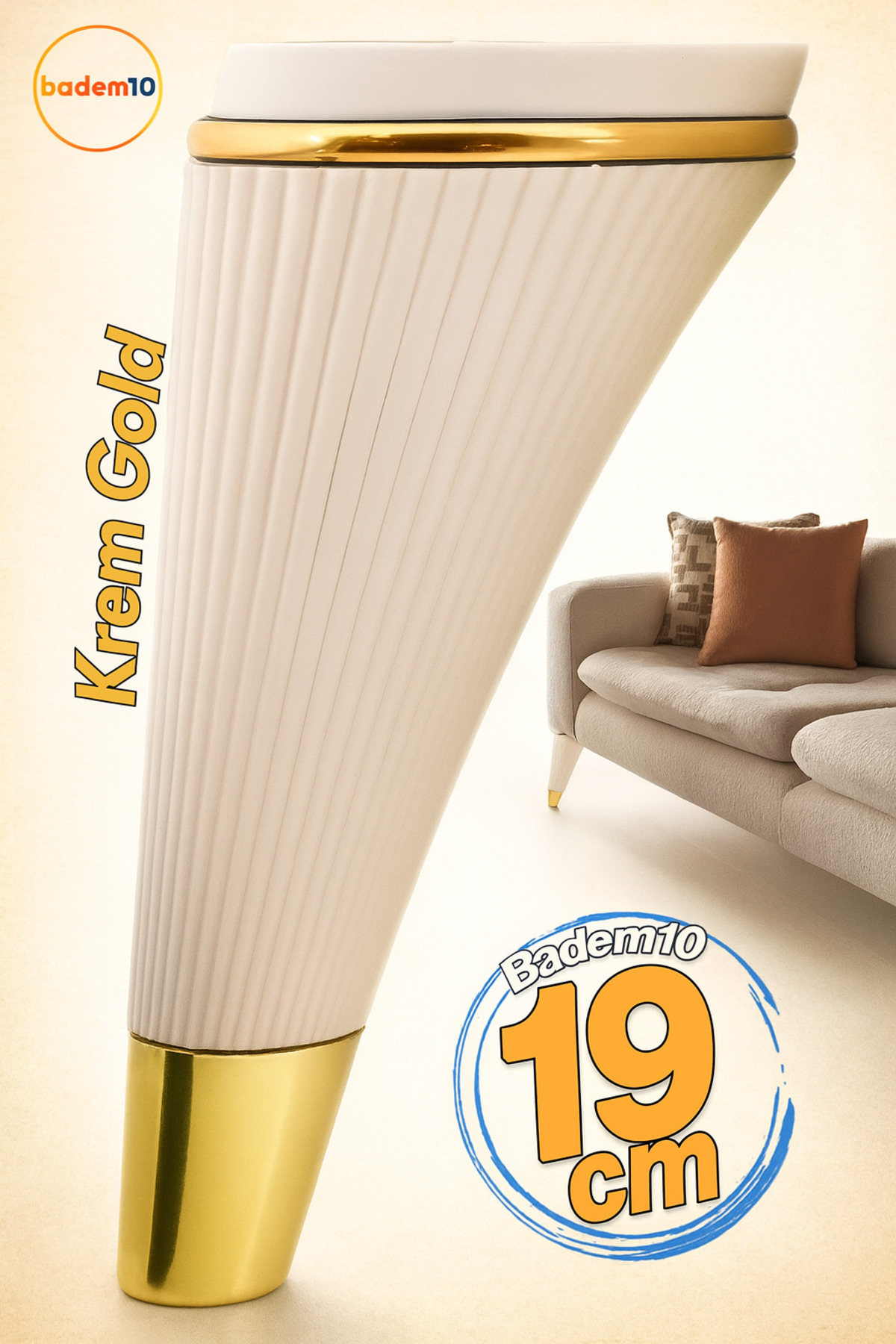 Badem10 İron Mobilya Ayağı 19 cm Krem Gold Lüks Kanepe Koltuk Tv Ünitesi Ayak Yükseltme Yükseltici Ayakları
