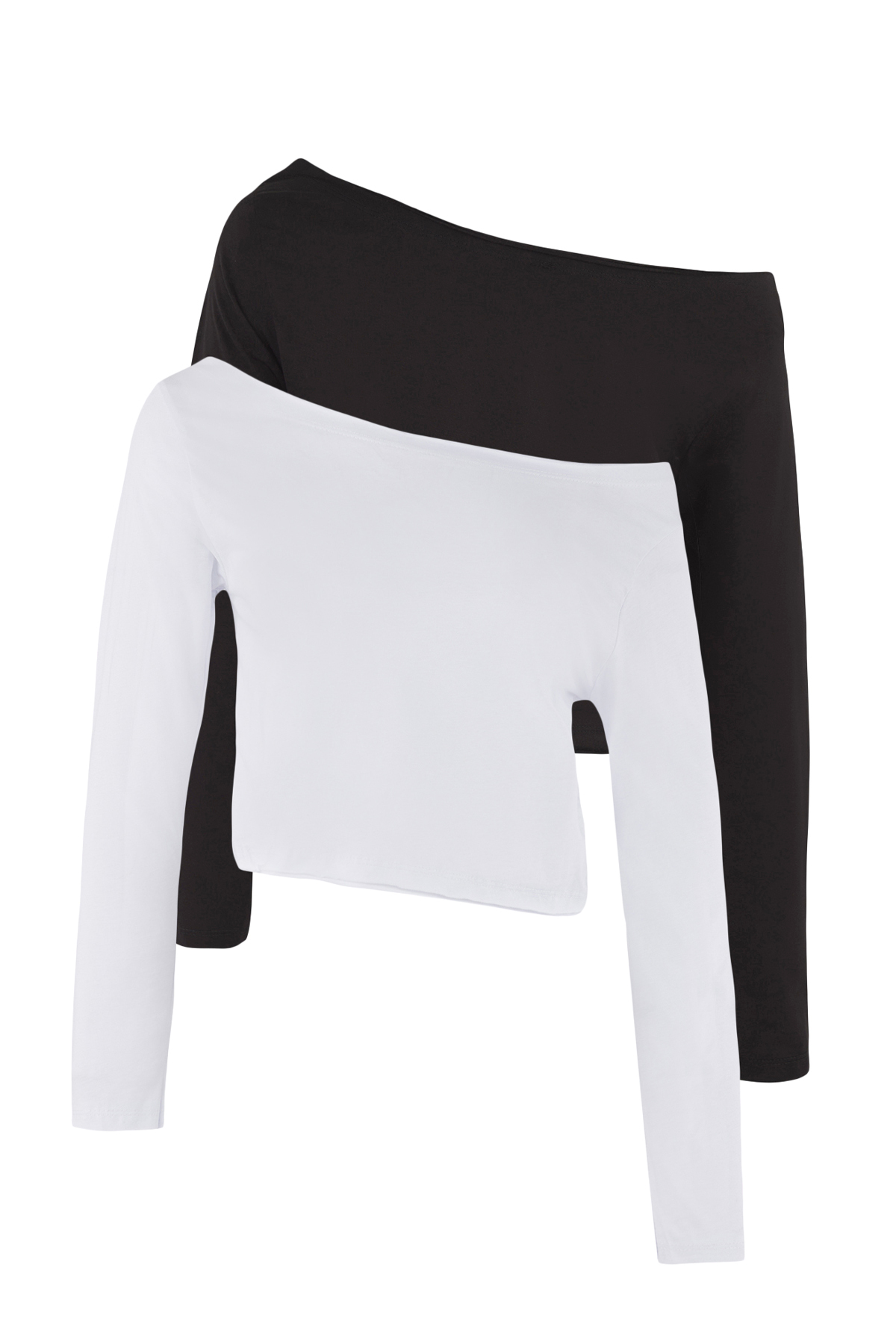 Trendyolmilla  Siyah-Beyaz %100 Pamuk Asimetrik Kayık Yaka Relaxed/Rahat Kesim Örme T-Shirt TWOAW26TS00016 - Görsel 8