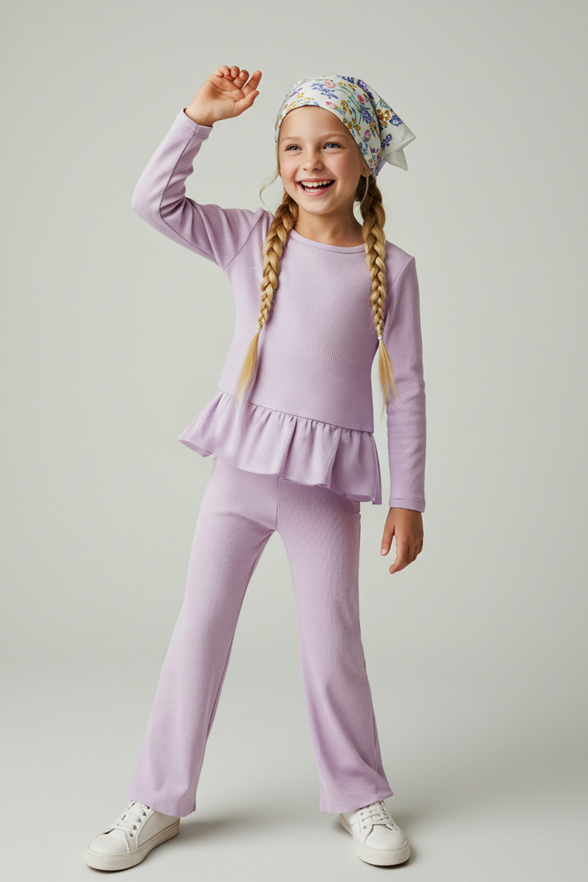 Trendyolmilla Kids Lila 100% Pamuk Düz/Basic Fitilli Kız Çocuk Örme Sweatshirt Taytlı Alt-Üst Takım TKDAW25AU00051