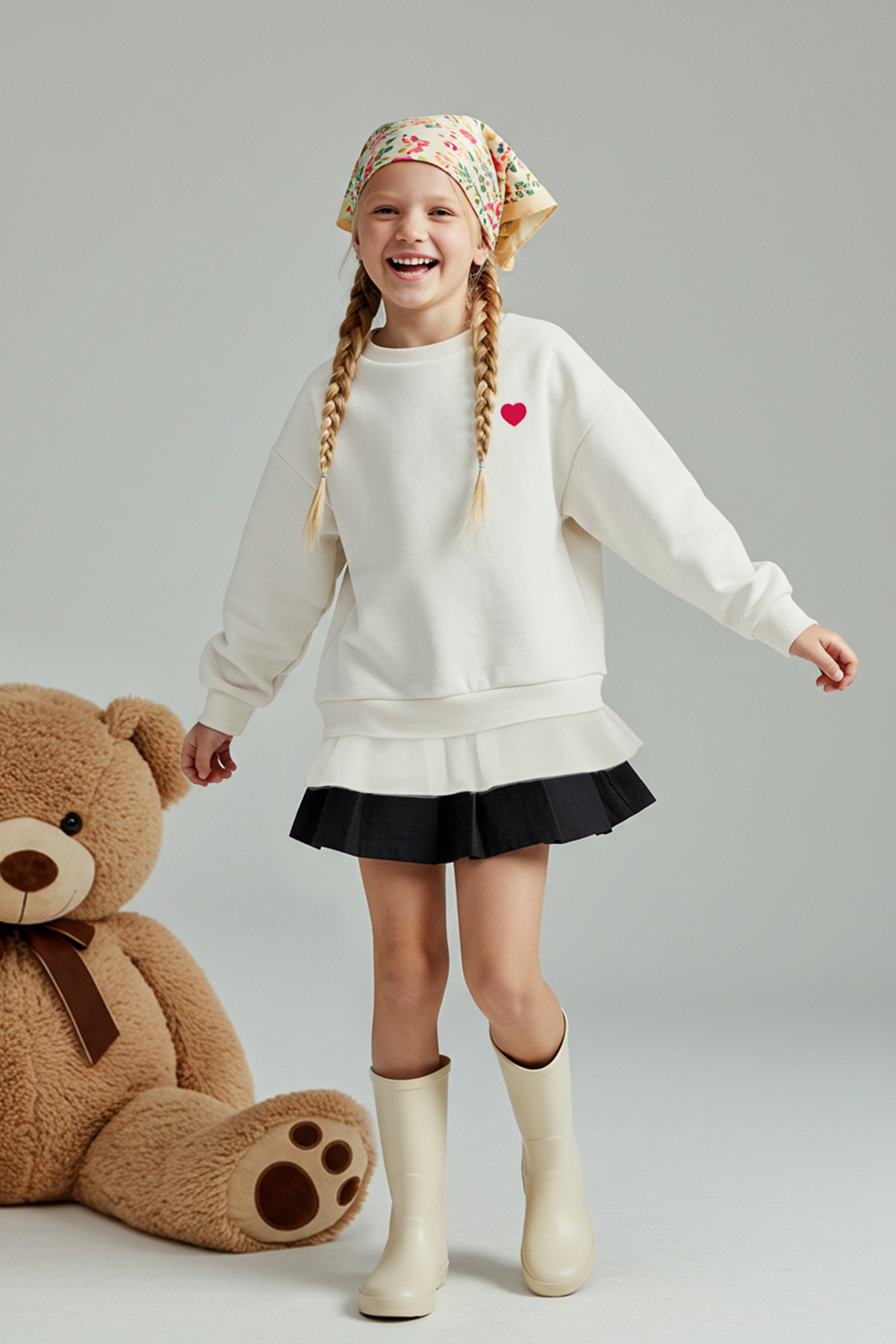 Trendyolmilla Kids Ekru Pamuklu Kalp Basklı Kalın/İçi Polarlı Regular Örme Kız Çocuk Sweatshirt TKDAW26SW00023