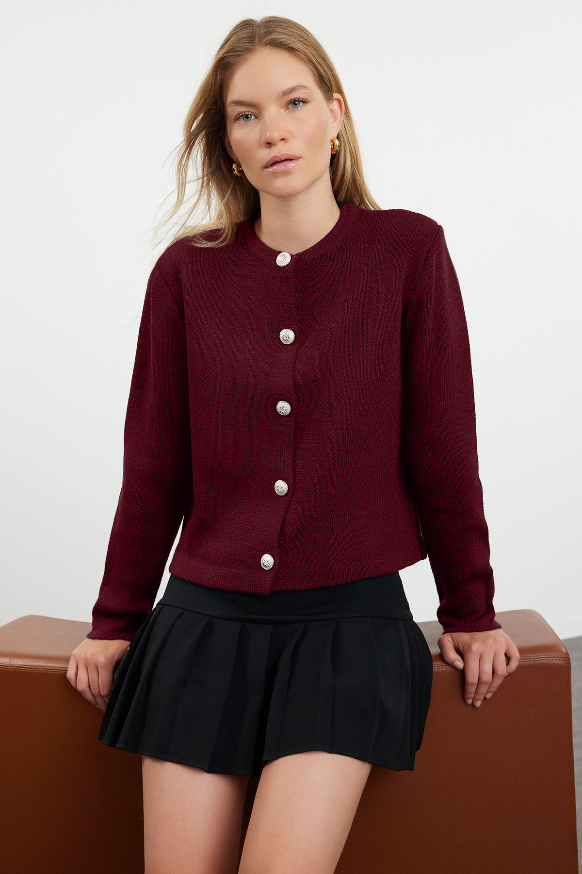 Trendyol Collection Claret Red Basic Jacket Look Knitwear Cardigan Twoaw24Hi00090