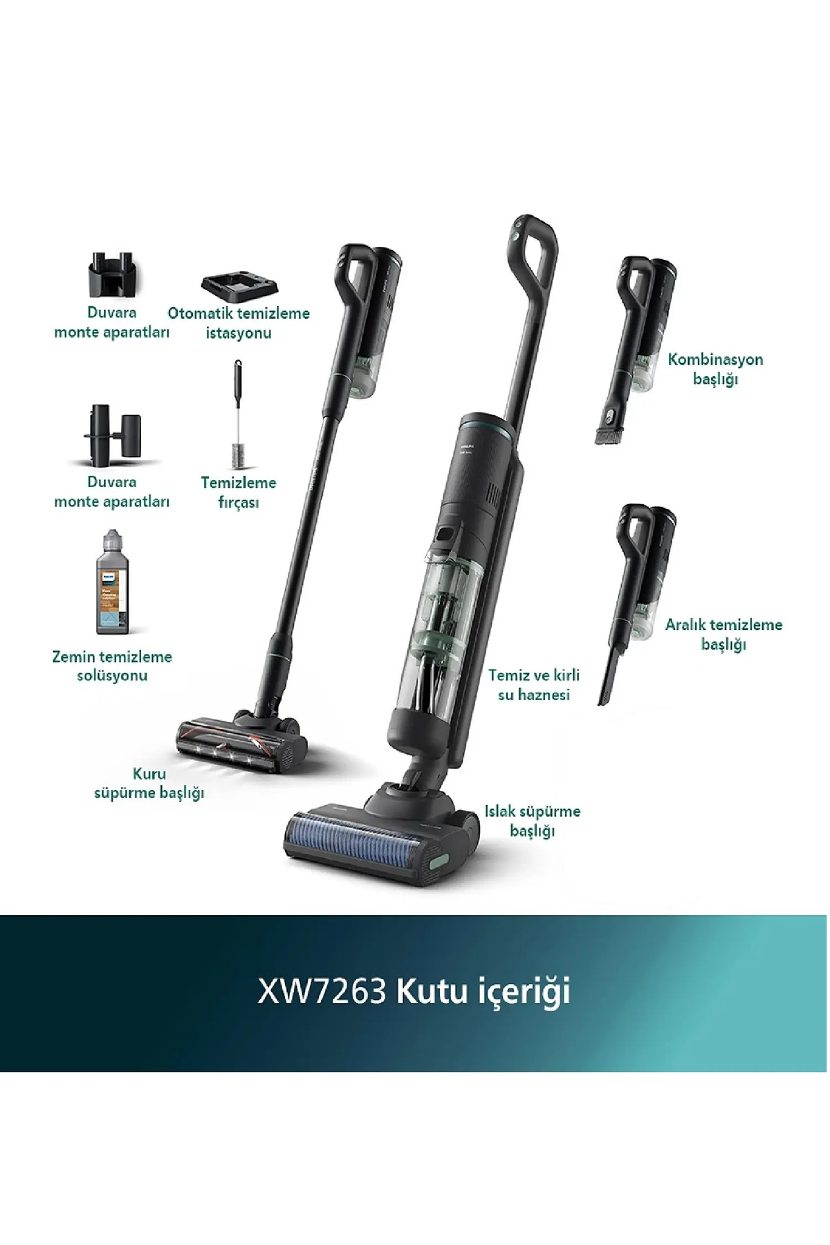 Philips XW7263.11 Aqua Trio 7000 Seri Islak & Kuru Temizlik Kablosuz Dikey Süpürge