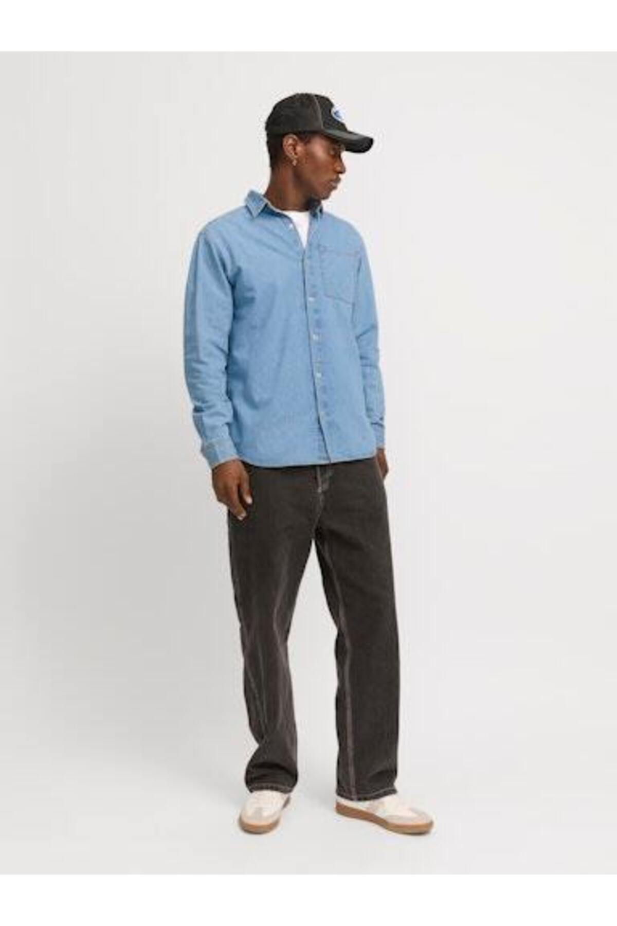 پیراهن جک اند جونز مردانه جین آبی  راسته Regular/رگولار    Çarpraz Bağlama کژوال/روزمره | Jack & Jones 12270005 TR - تصویر 4