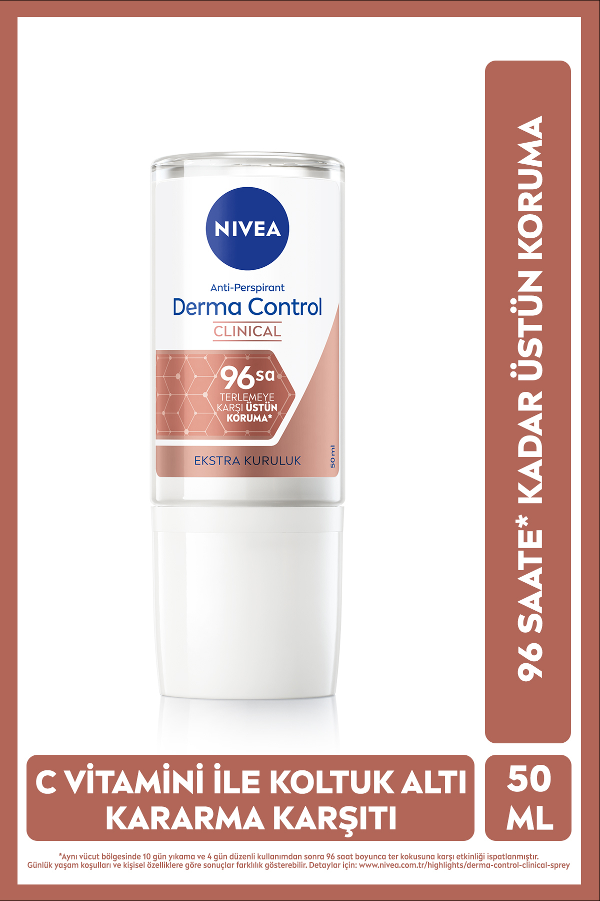 NIVEA Kadın Roll-On Deodorant Derma Control Clinical 50 ml,96 Saat Koruma,C Vitamini ile Kararmaya Karşı