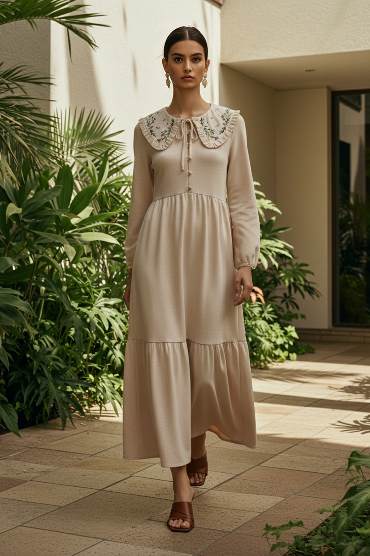 Trendyol Modest Krémová výšivka s detailným ľanovým vzhľadom Tkané šaty TCTSS23EB00257