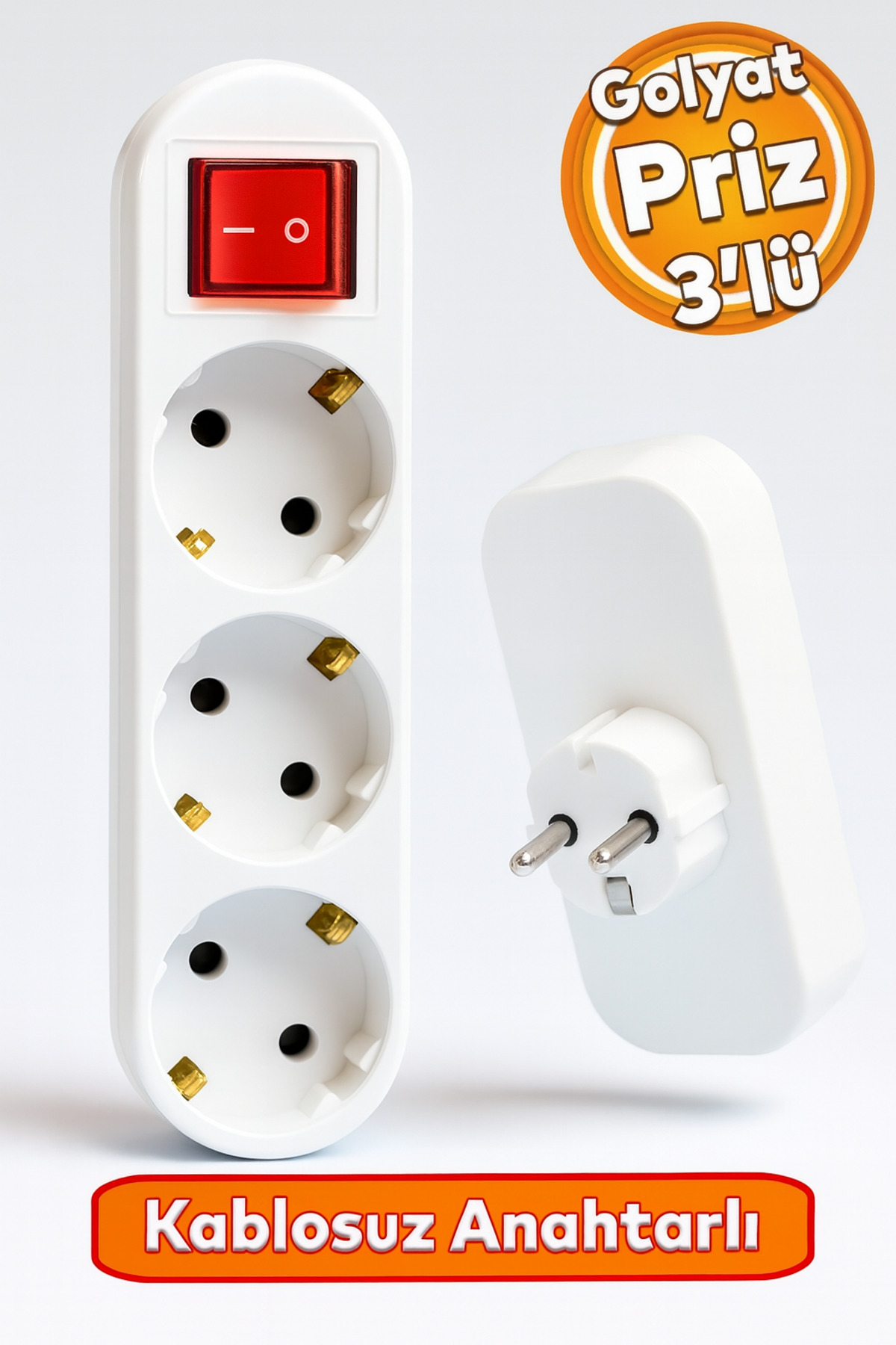 Badem10 3'lü Grup Priz Golyat Anahtarlı Düğmeli Fiş Priz Topraklı Çoklu Çoğaltıcı Kablosuz Üçlü Piriz