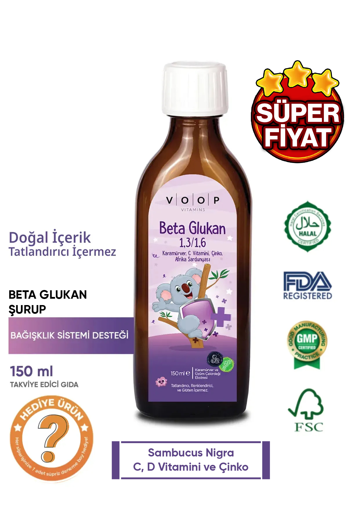 VOOP Beta Glukan 1,3/1,6 Kara Mürver, Vitamin C, Çinko Şurup 150 ml