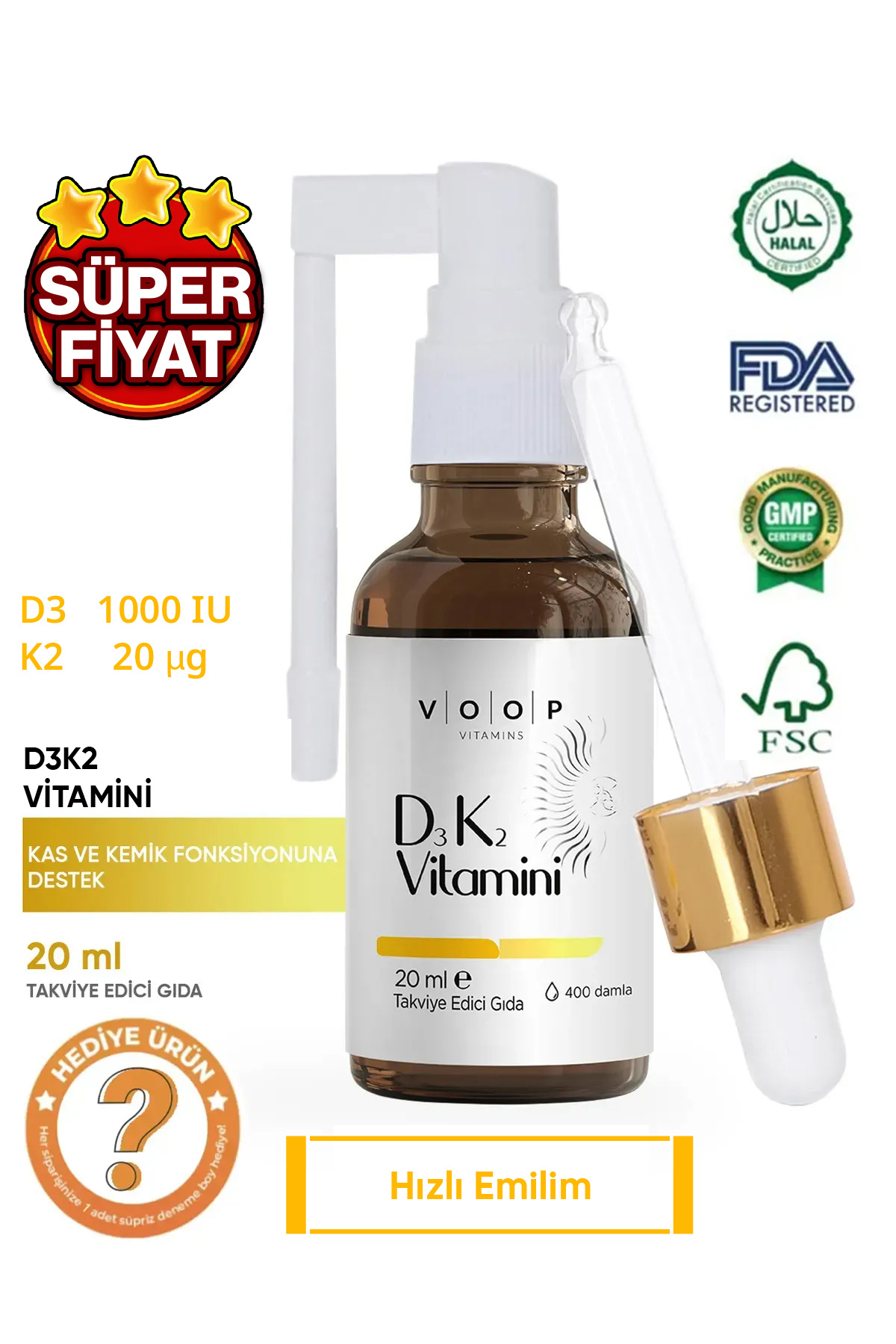 VOOP Vitamin D3 K2 Takviye Edici Sprey - Damla 20 ml