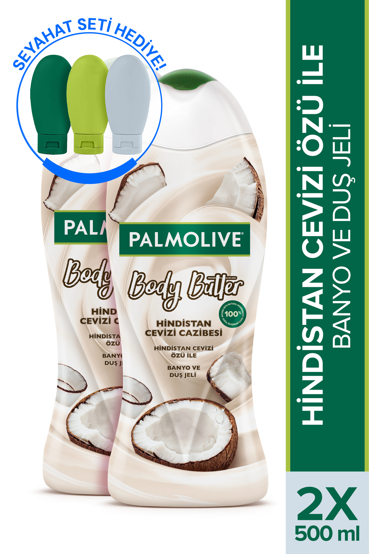 Palmolive Body Butter Hindistan Cevizi Cazibesi Banyo ve Duş Jeli 500 ml x 2 Adet + Seyahat Kiti Hediye