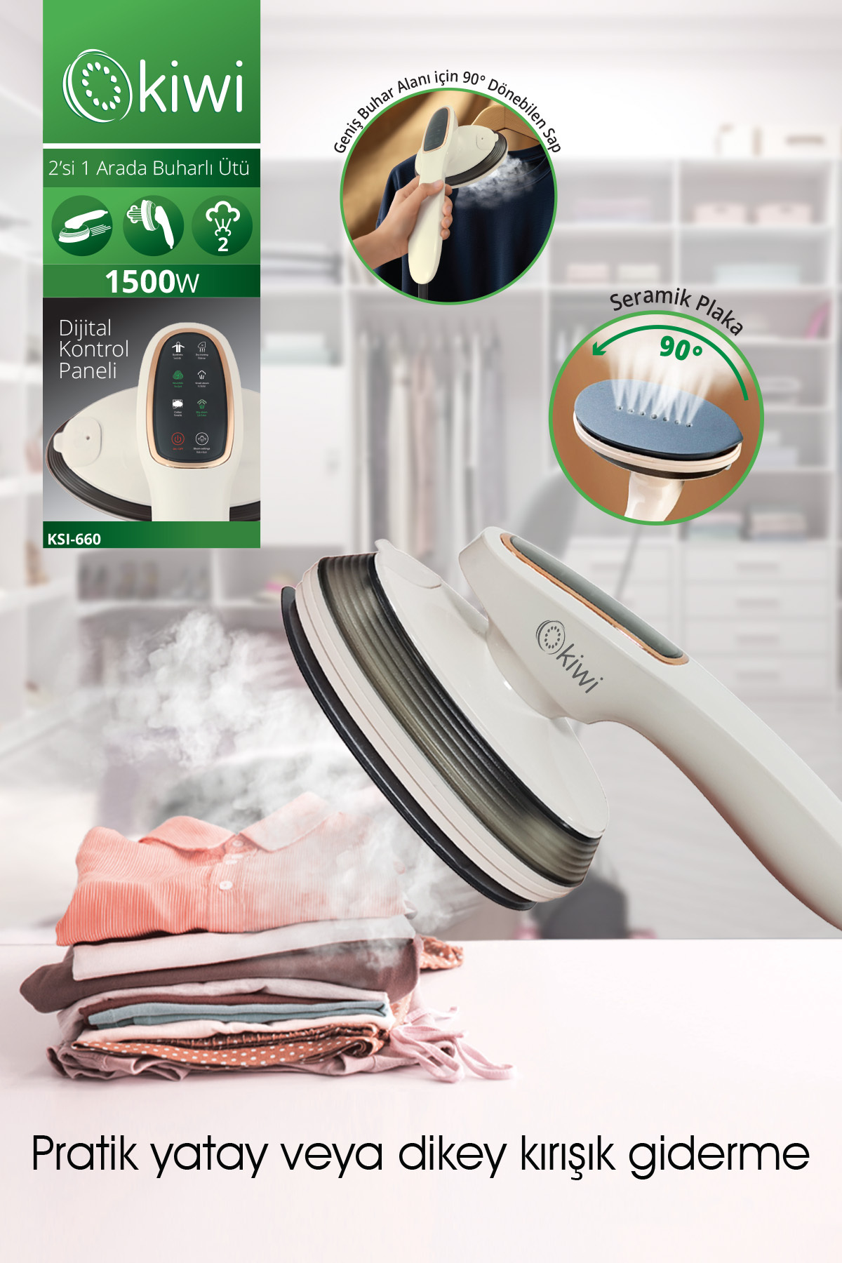 Kiwi Ksı-660 2'si 1 Arada Buharlı Ütü – 1500W Güçlü, LED Ekranlı, 90° Dönebilen Saplı