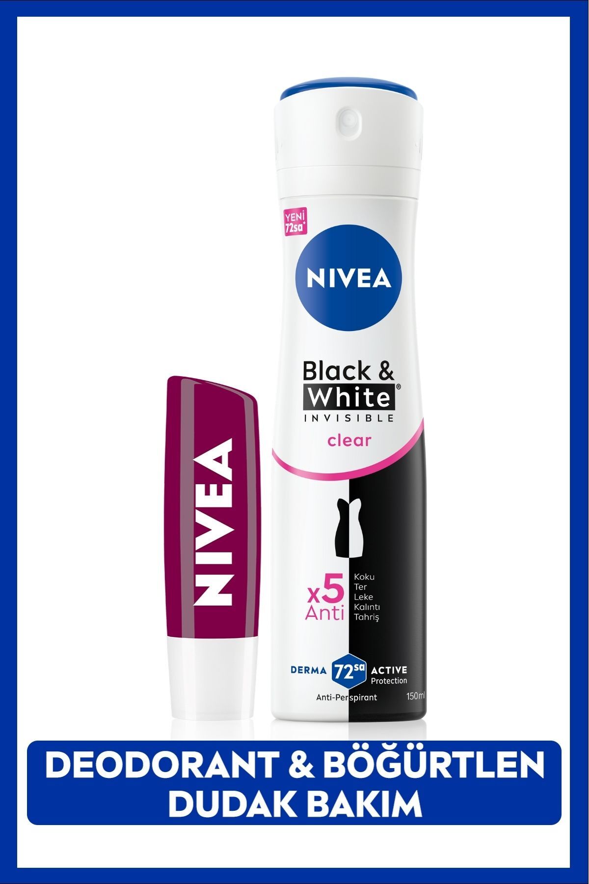 NIVEA Böğürtlen Renkli Nemlendirici Dudak Bakım Kremi ve Kadın Sprey Deodorant Black&White Clear 150ml