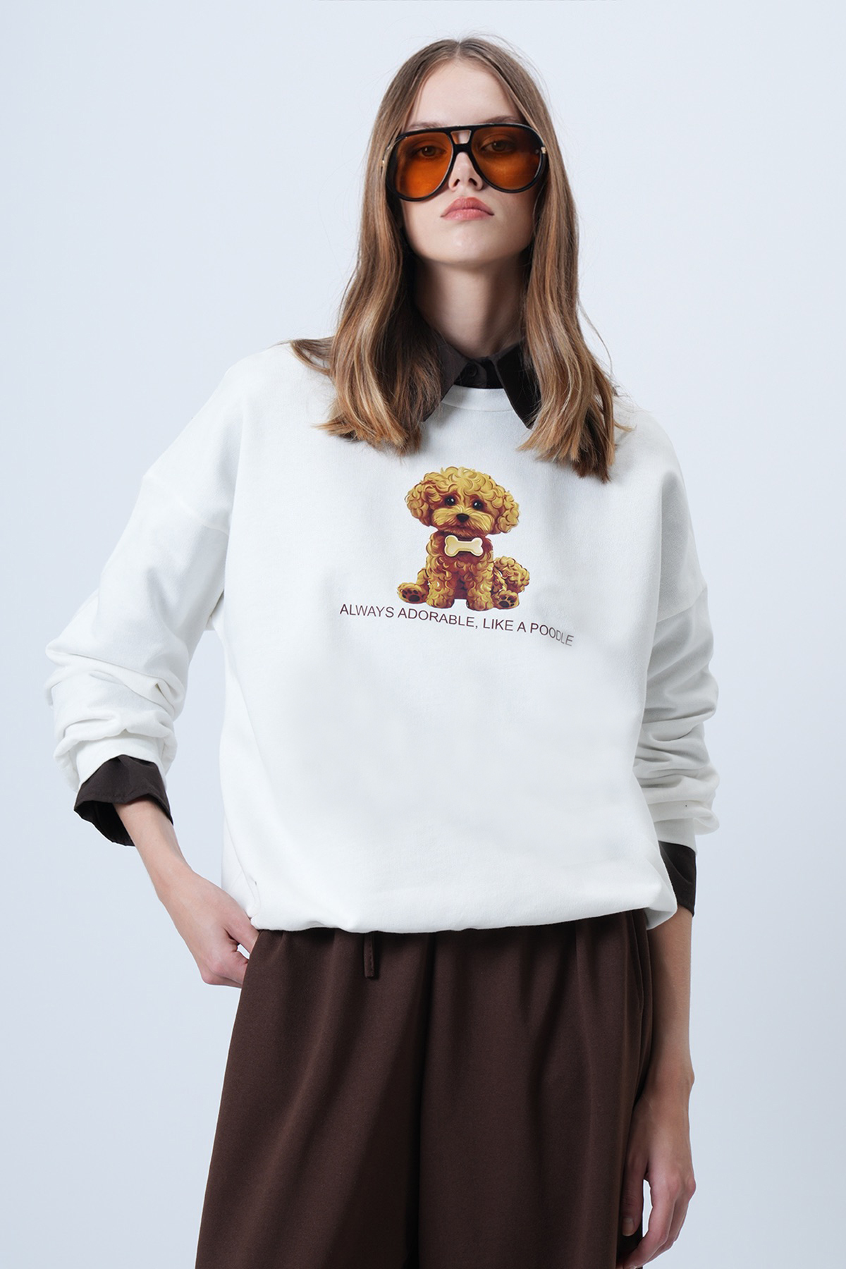 Kadın Ekru Önü Baskılı Oversize Pamuklu Sweatshırt ALC-X14651