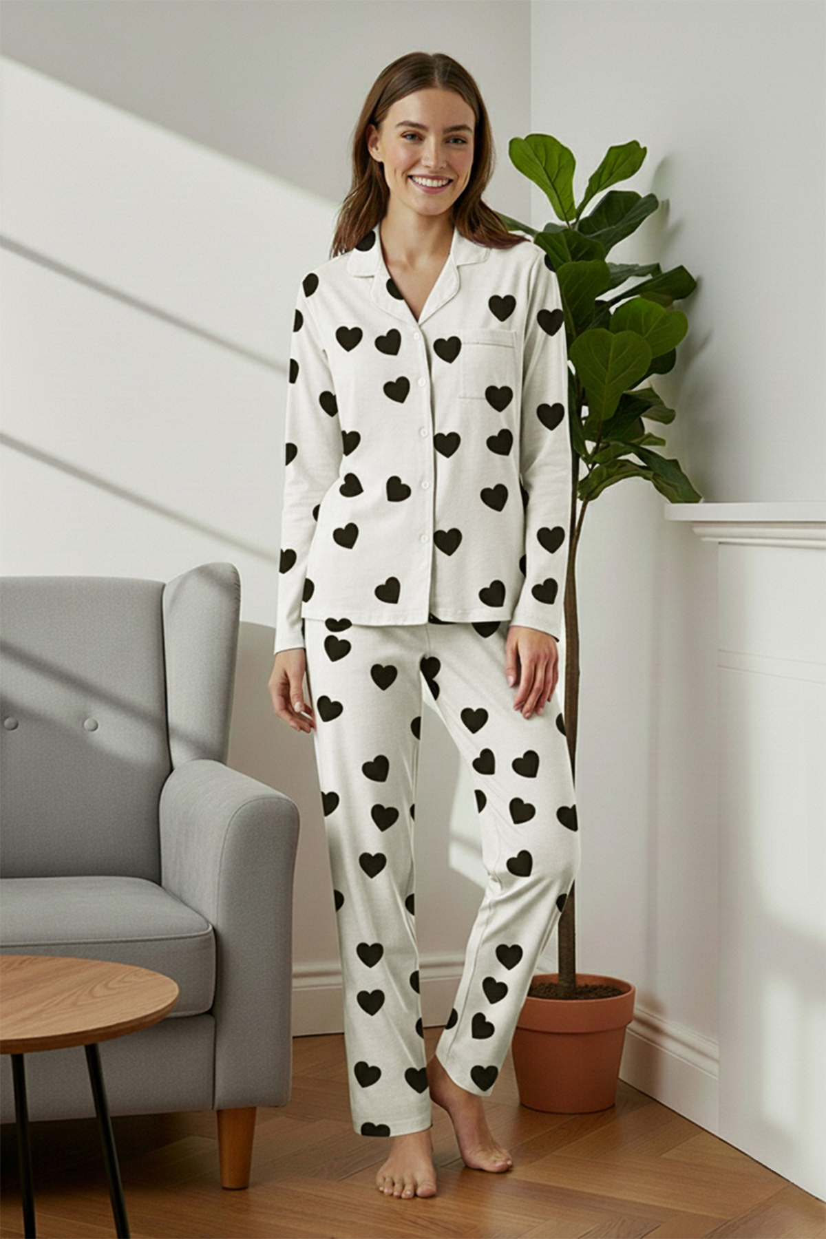 Trendyol Collection Ecru szív viszkóz szőtt pizsama szett THMAW21PT0936