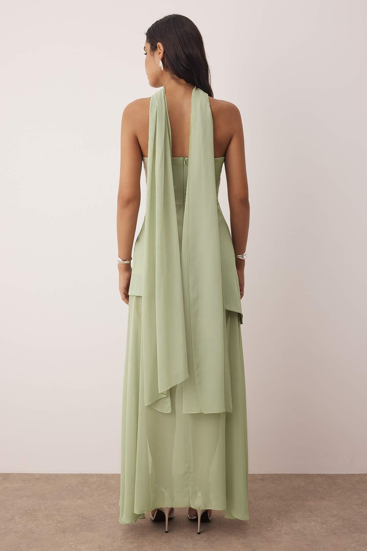 Mintfarbenes, detailliertes, gewebtes Maxi-Abendkleid und Heimkehrkleid TPRSS25AE00188