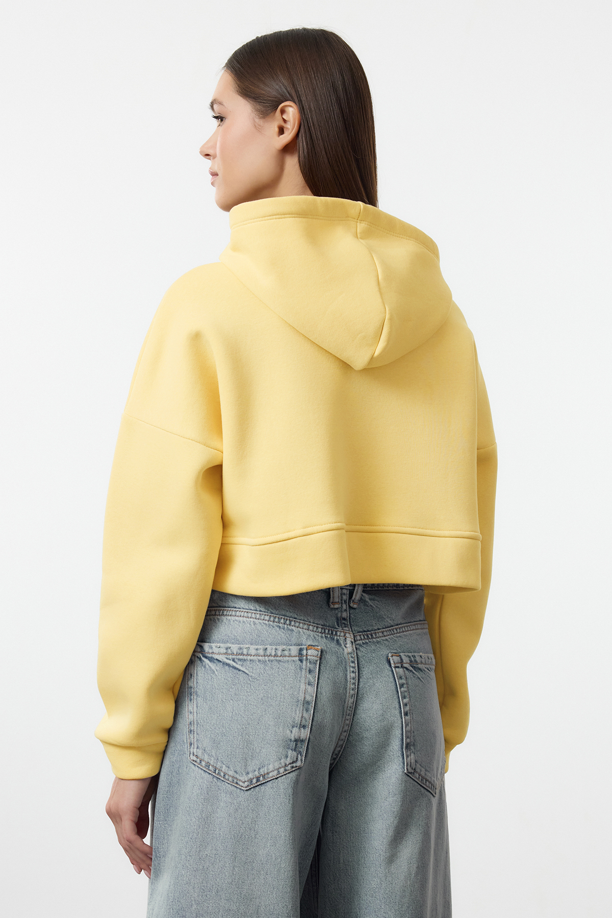 Trendyolmilla  Açık Sarı Fermuarlı Kapüşonlu Rahat Kesim Crop Kalın İçi Polarlı Örme Sweatshirt TWOAW20SW0660 - Görsel 6