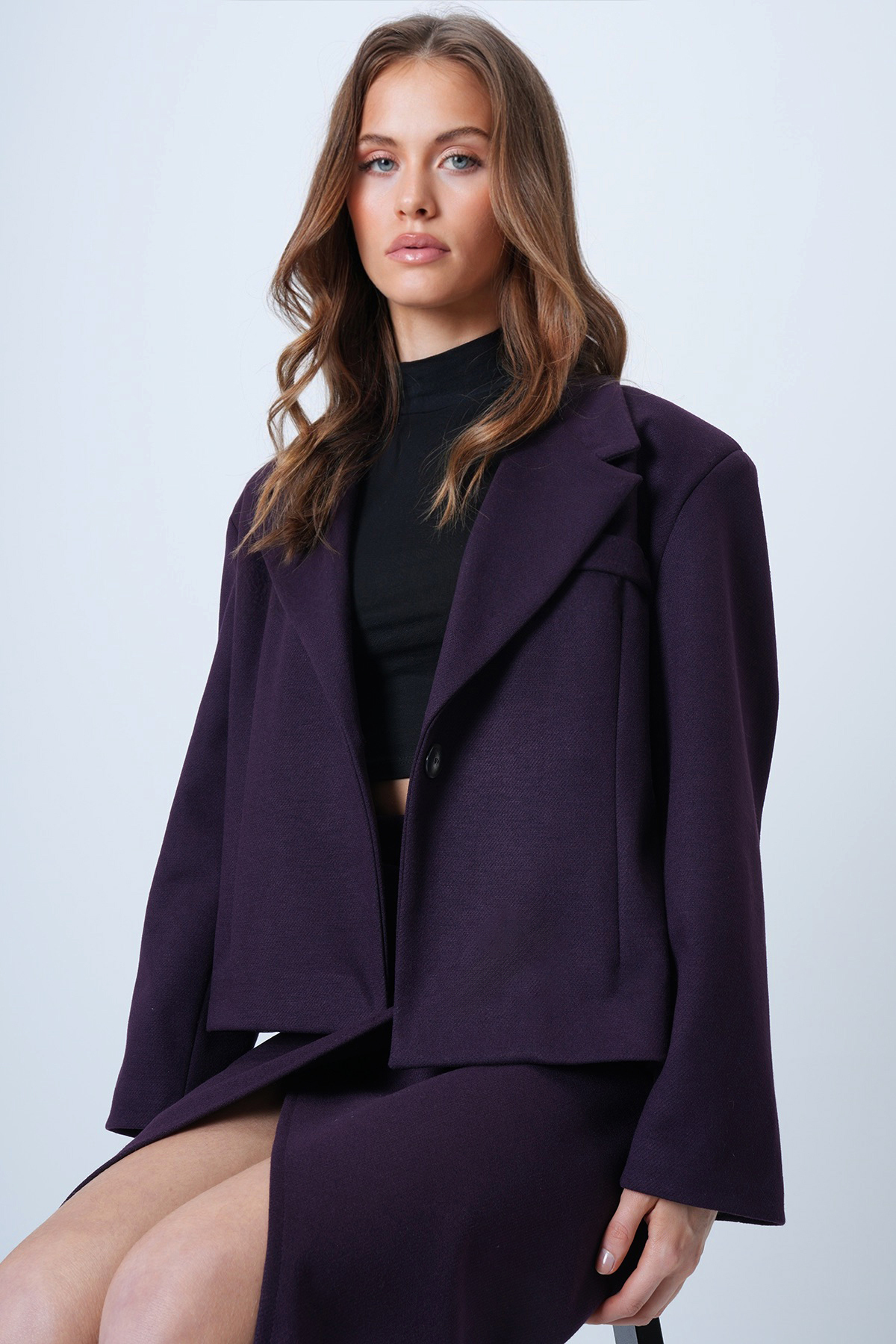 Trend Alaçatı Stili  Kadın Mürdüm Fleto Cepli İçi Astarlı Oversize Vatkalı Ceket ALC-X14556
