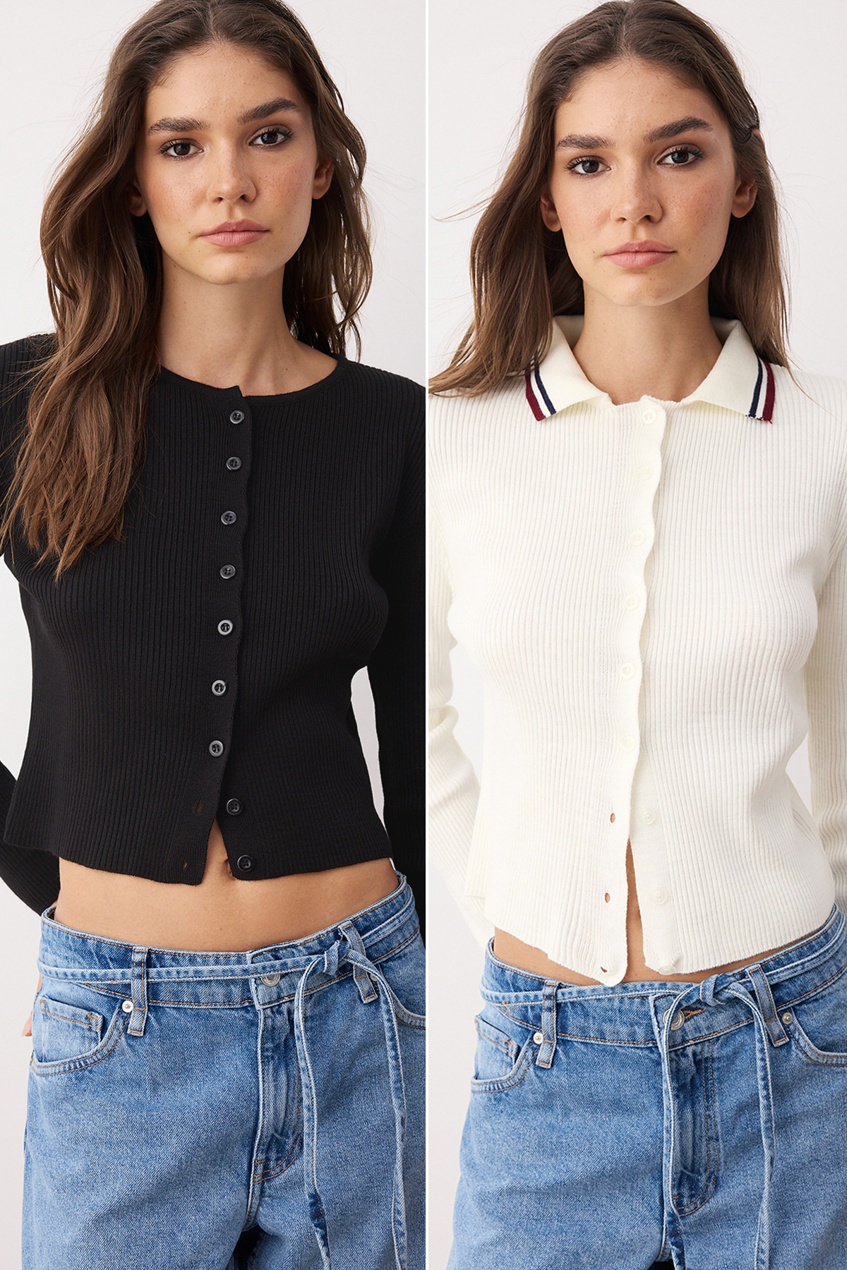 Trendyolmilla  Siyah*001-Ekru Crop Renk Bloklu-Düz İkili Paket Triko Hırka TWOAW26HI00127