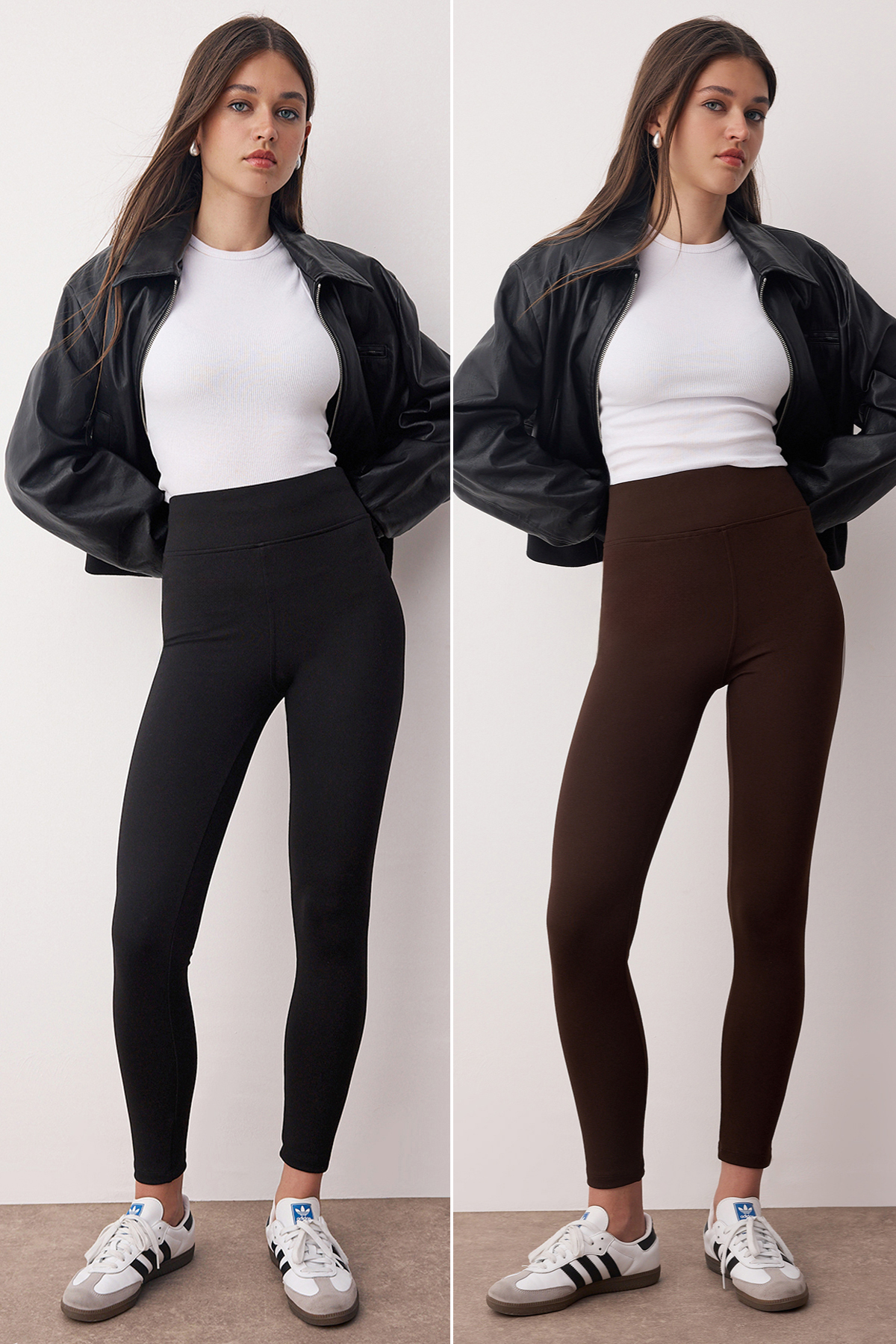 Trendyol Collection Czarno-brązowe, dzianinowe legginsy z wysokim stanem, z dzianiny interlock, 2 sztuki, zestaw TWOAW20TA0087