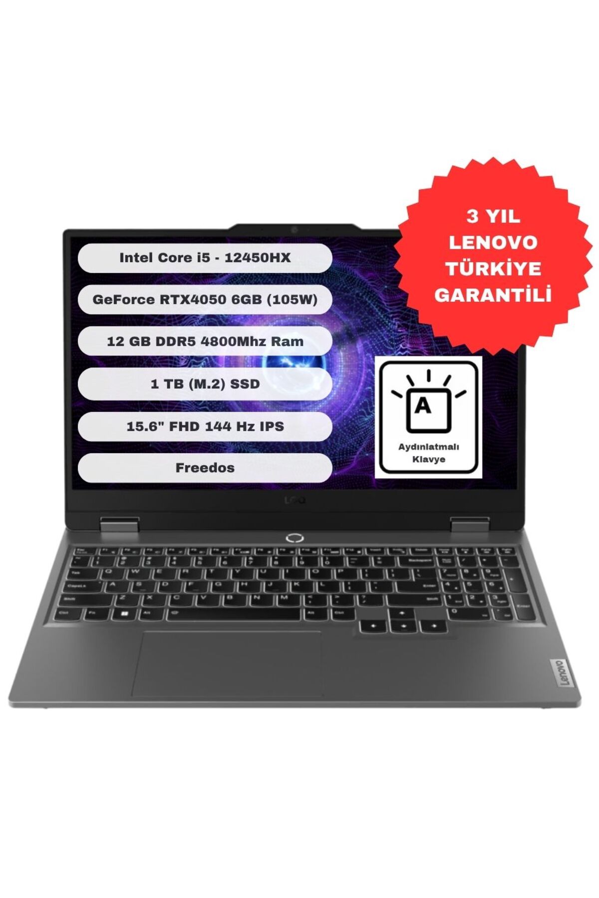 LOQ 15IAX9 Intel Core i5 12450HX 12GB 1TB SSD RTX4050 Freedos 15.6'' FHD 83GS00Q6TR