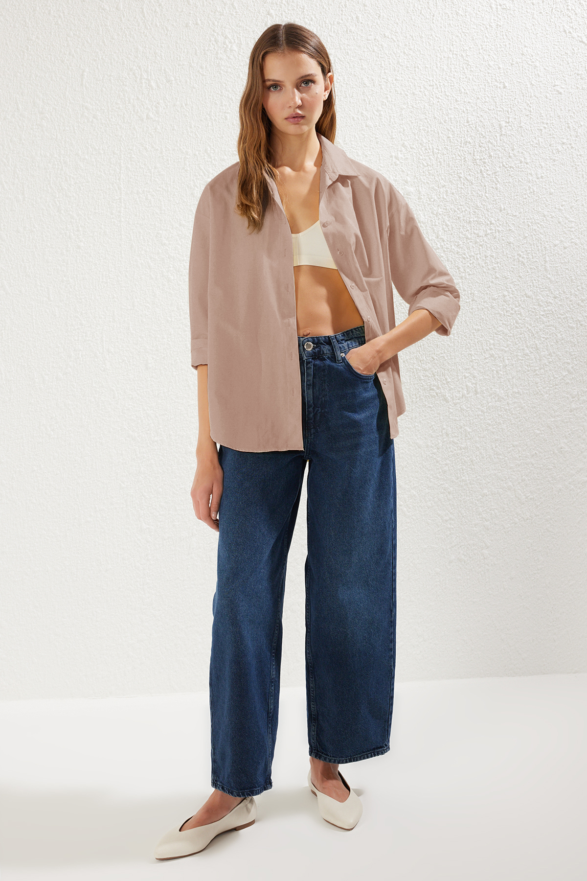 Trendyolmilla  Vizon Loose Fit Pamuklu Dokuma Gömlek TWOAW20GO0107 - Görsel 3