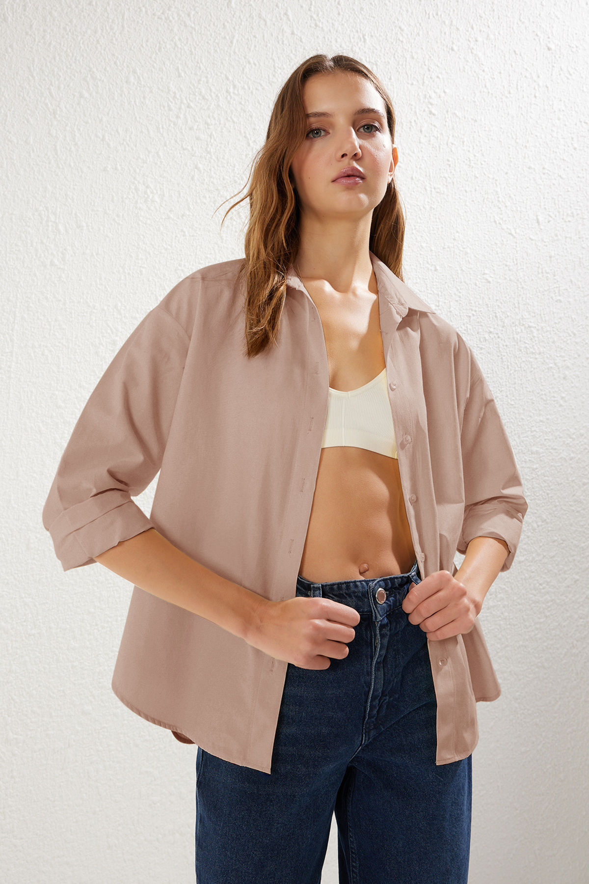 Trendyolmilla  Vizon Loose Fit Pamuklu Dokuma Gömlek TWOAW20GO0107 - Görsel 2