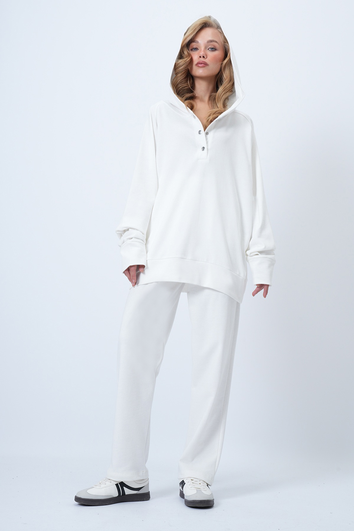 White Hooded Snap Fastener Oversize Sweatshirt And Pants Bottom Top Set ALC-X12476