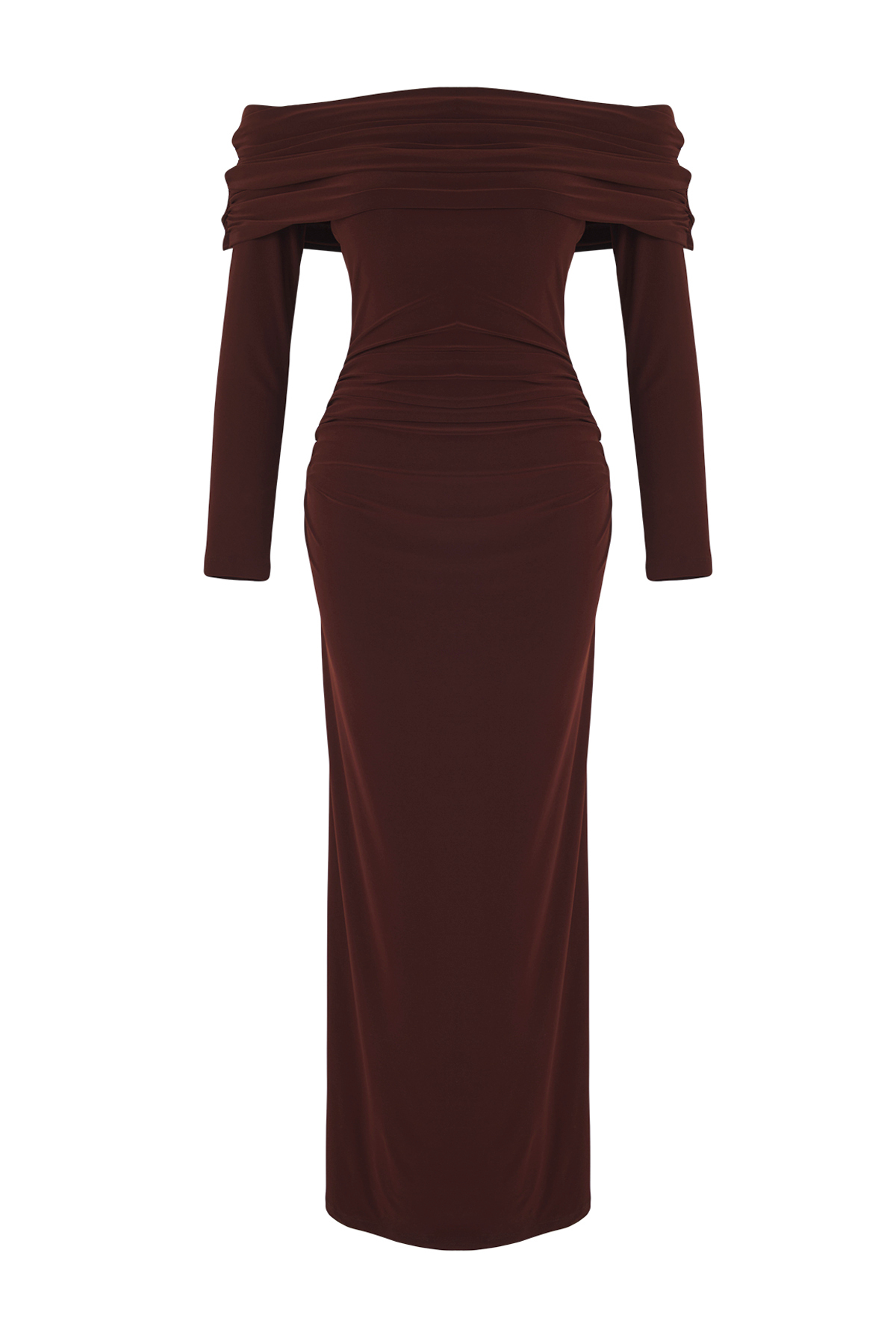 Trendyolmilla  Kahverengi Büzgülü Carmen Yaka Esnek Maxi Örme Elbise TWOAW26EL00112 - Görsel 5