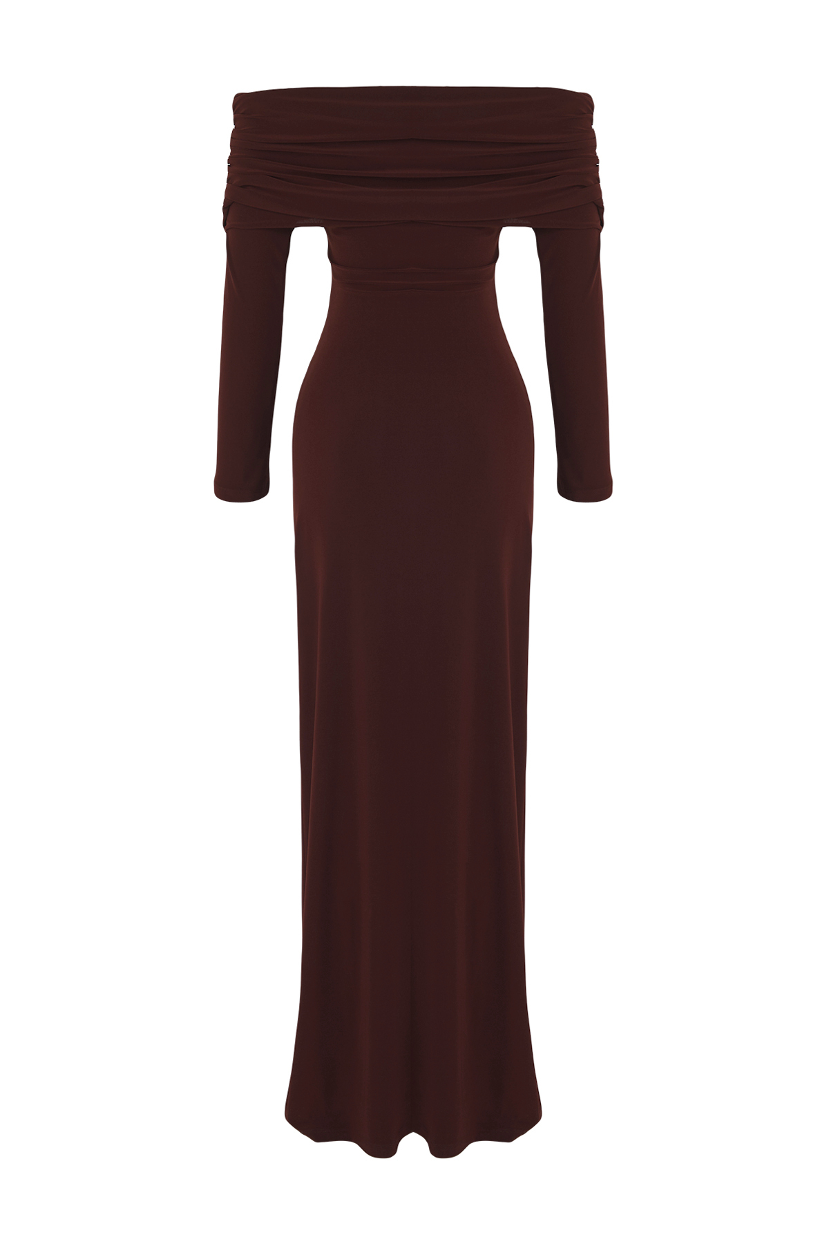 Trendyolmilla  Kahverengi Büzgülü Carmen Yaka Esnek Maxi Örme Elbise TWOAW26EL00112 - Görsel 6