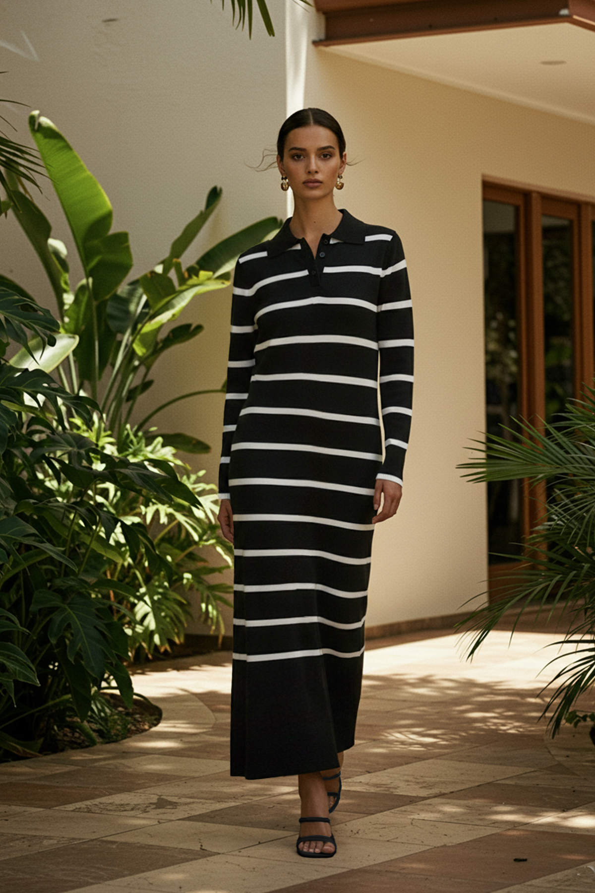 Trendyol Modest Czarna sukienka polo z dzianiny w paski z guzikami i dekoltem Tctaw22Eb0212