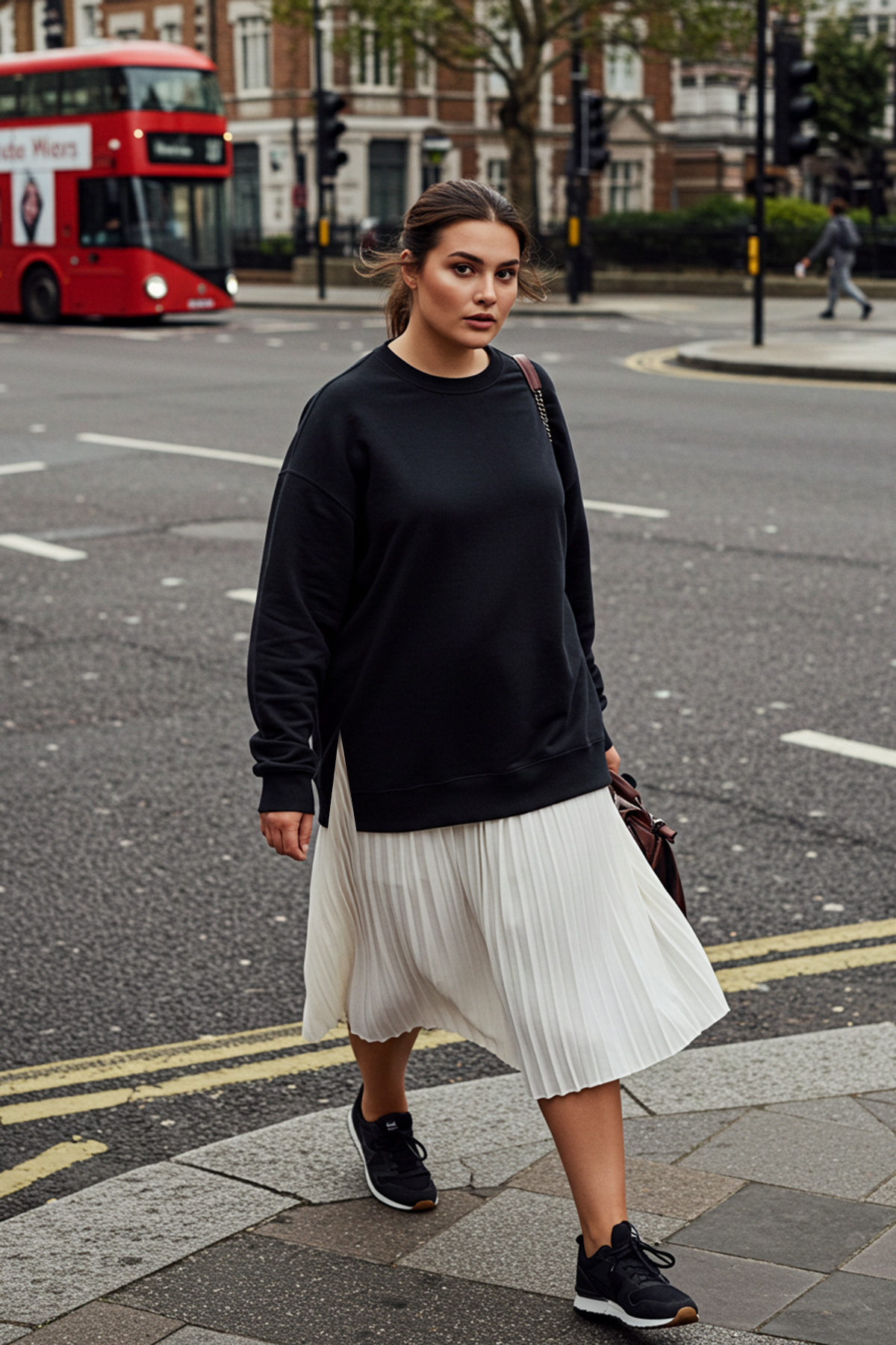 Trendyolmilla Curve Siyah Kalın İçi Polarlı Yırtmaçlı Oversize/Bol Kesim Örme Büyük Beden Sweatshirt TBBAW24AO00003