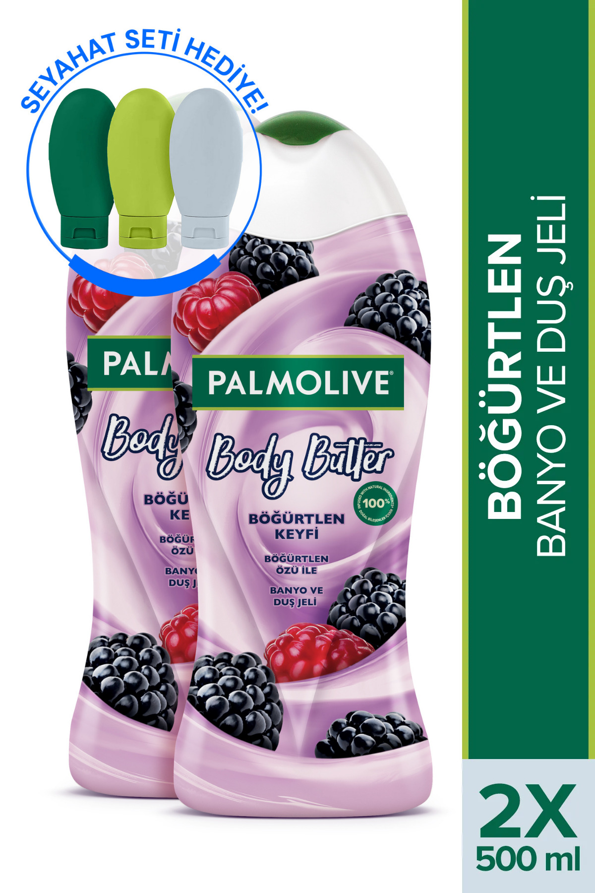 Palmolive Body Butter Böğürtlen Keyfi Banyo ve Duş Jeli 500 ml x 2 Adet + Seyahat Kiti Hediye