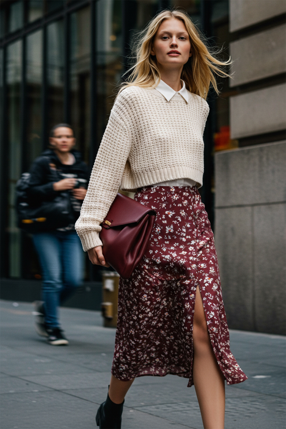 Trendyolmilla  Bordo Yırtmaç Detaylı Çiçek Desenli Viskon Kumaşlı Midi Dokuma Etek TWOSS20ET0230 - Görsel 2