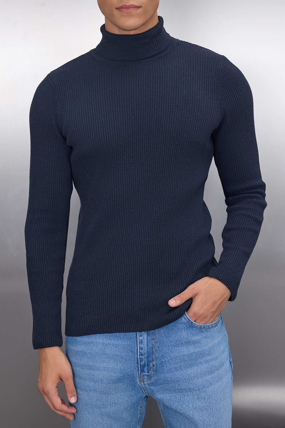 Trendyol Collection Granatowy, dopasowany, bawełniany golf, prążkowany sweter Tmnaw20Mg0031