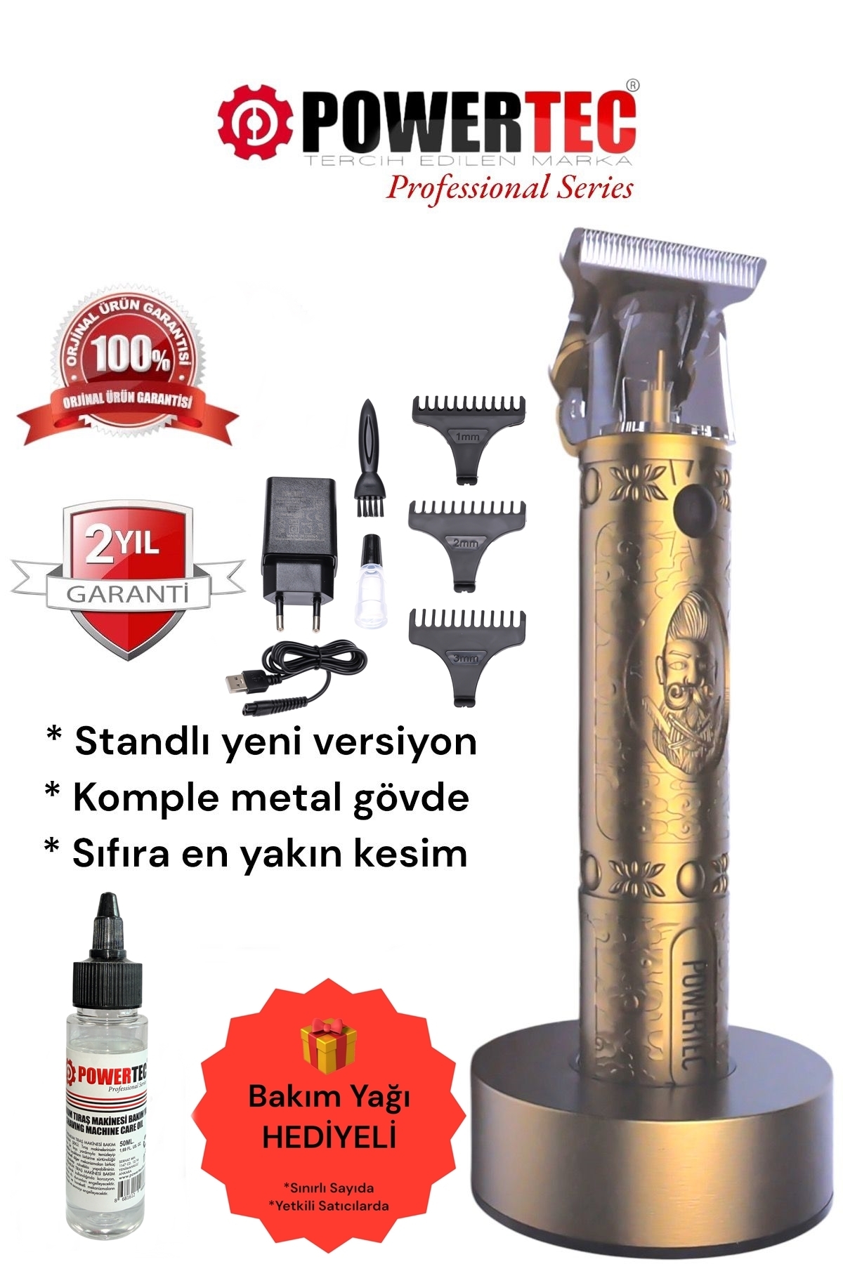 POWERTEC Tr-1818 Şarjlı Tıraş Makinesi Saç-Sakal-Ense-Vücut Lazer Epilasyon Öncesi (Standlı yeni versiyon)