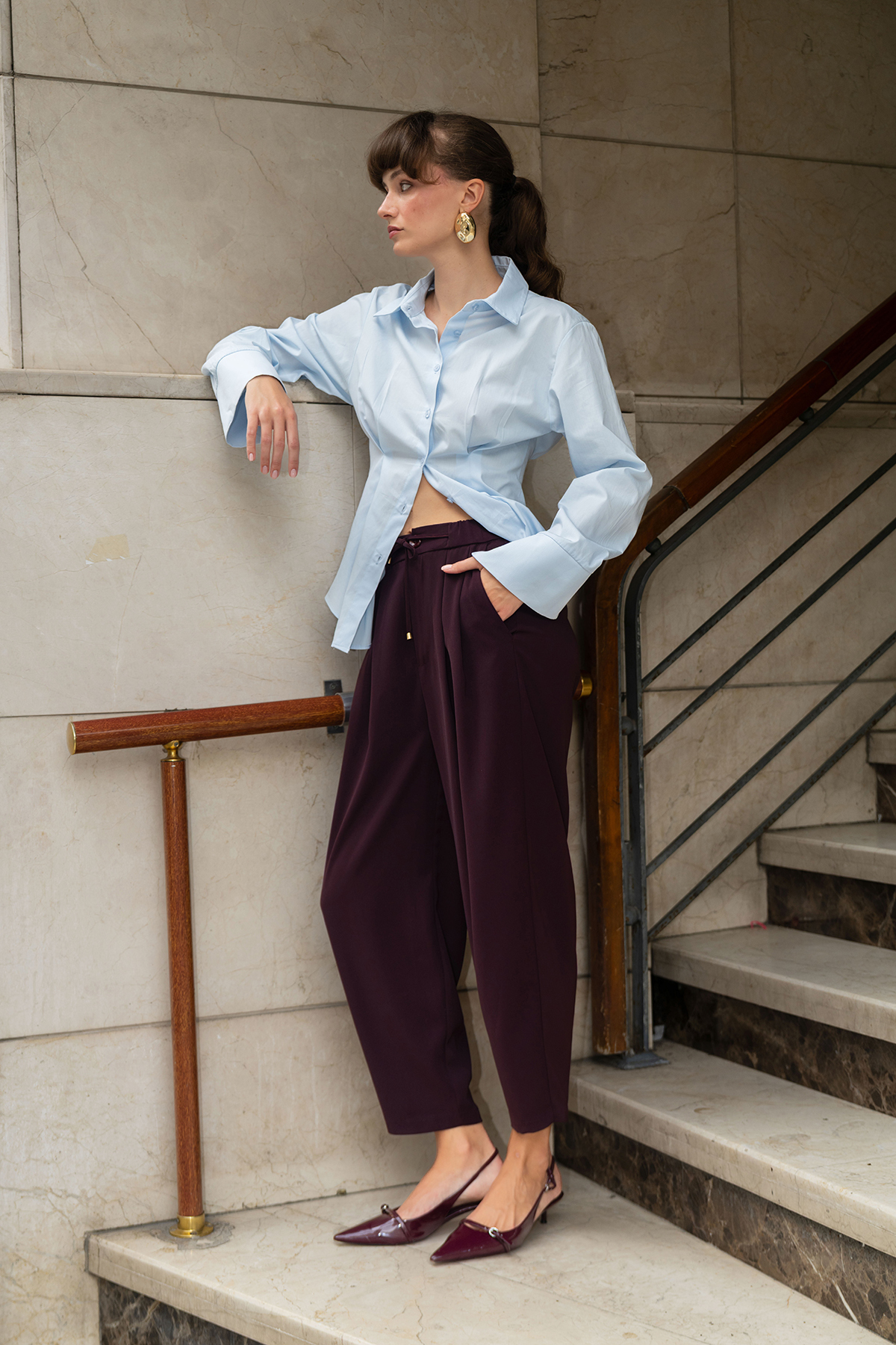 Trendyolmilla  Mürdüm Şalvar/Harem Bağcıklı Pantolon TWOSS25PL00126 - Görsel 2