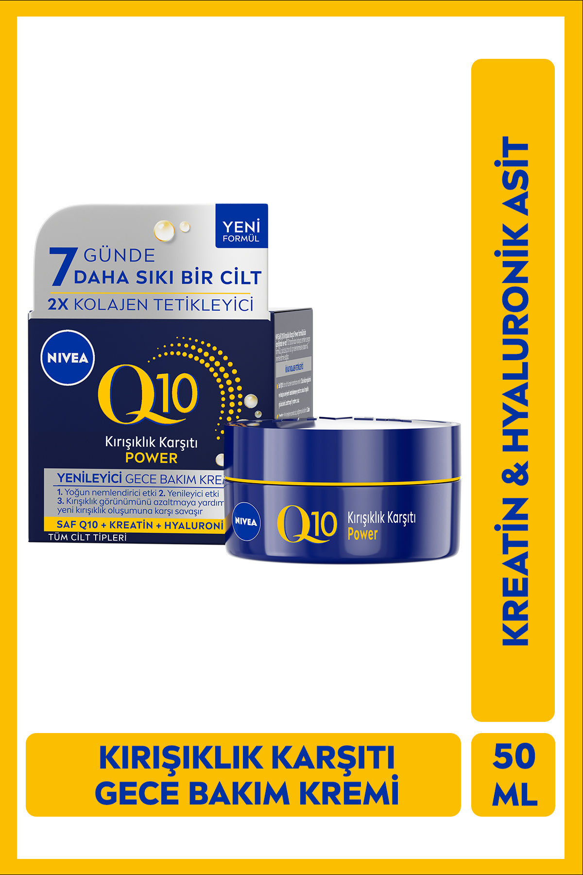 NIVEA Q10 Power Kırışıklık Karşıtı ve Yenileyici Gece Yüz Bakım Kremi 50ml, Nemlendirici, Hyaluronik Asit