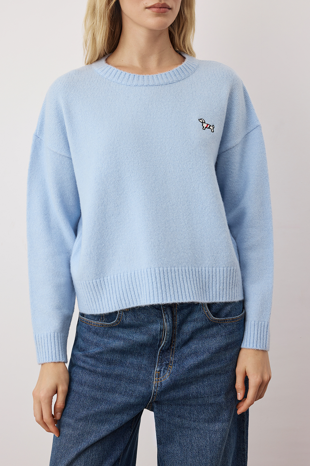 Trendyolmilla  Mavi Yumuşak Dokulu Köpek Nakışlı Bisiklet Yaka Triko Kazak TWOAW26KZ00257 - Görsel 3