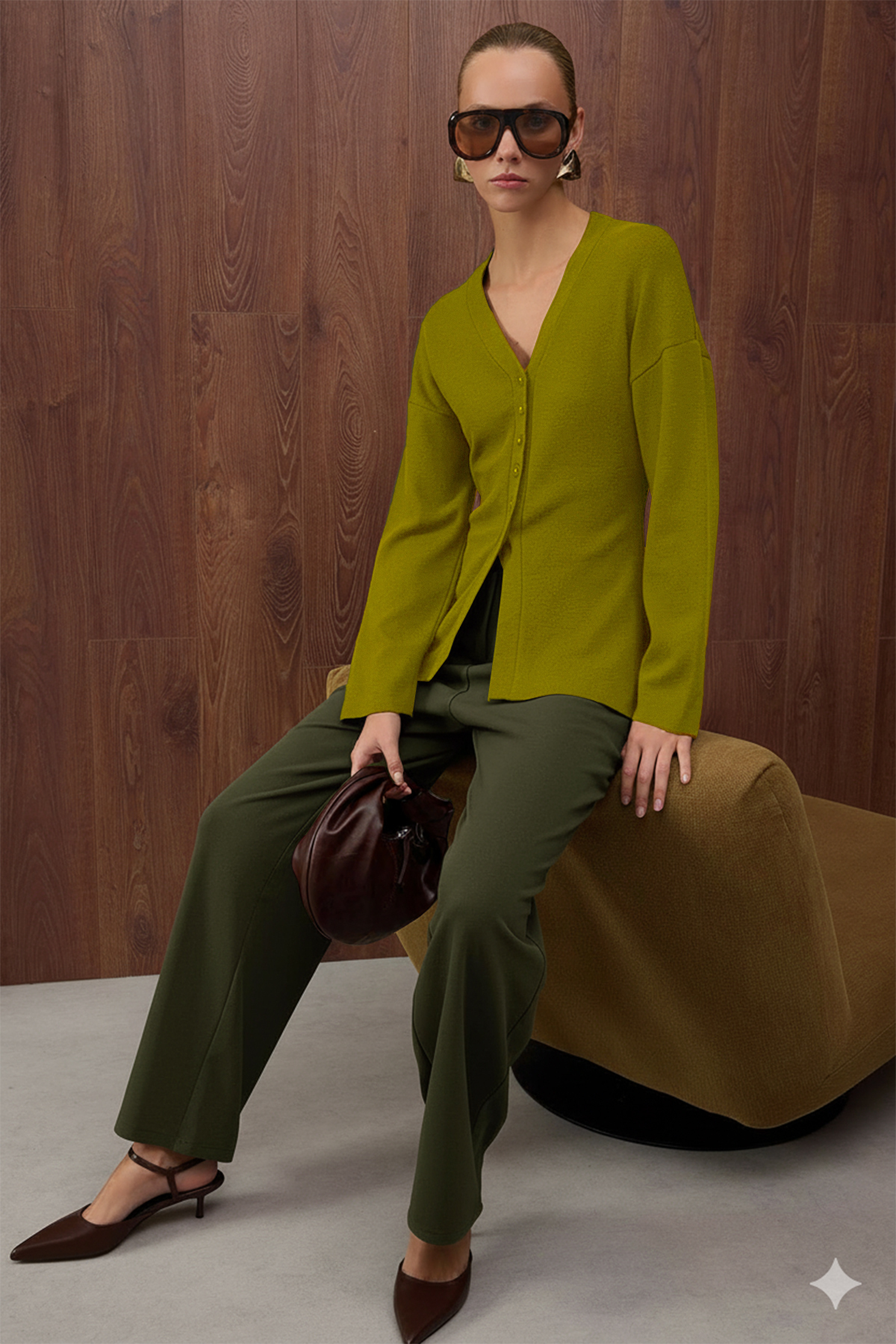 Trendyolmilla  Yağ Yeşil V Yaka Merserize Görünümlü Premium İplik/Özel İplik Triko Hırka TWOAW26HI00079 - Görsel 2