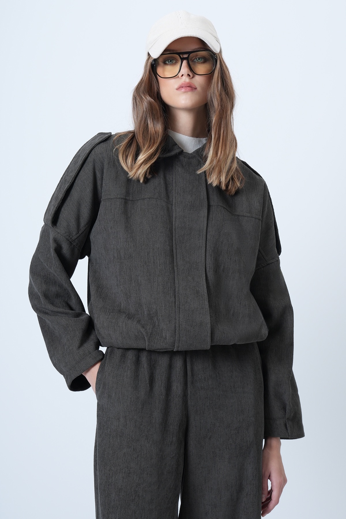Lined Velvet Bomber Jacket with Khaki Shoulder Epaulette ALC-X14617