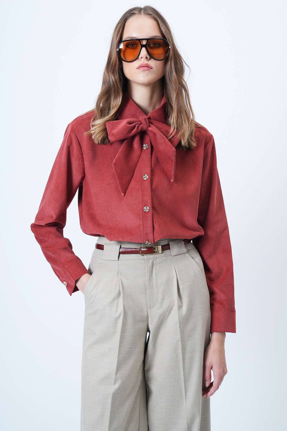 Trend Alaçatı Stili Kiremit Kendinden Kuşaklı Oversize Kadife