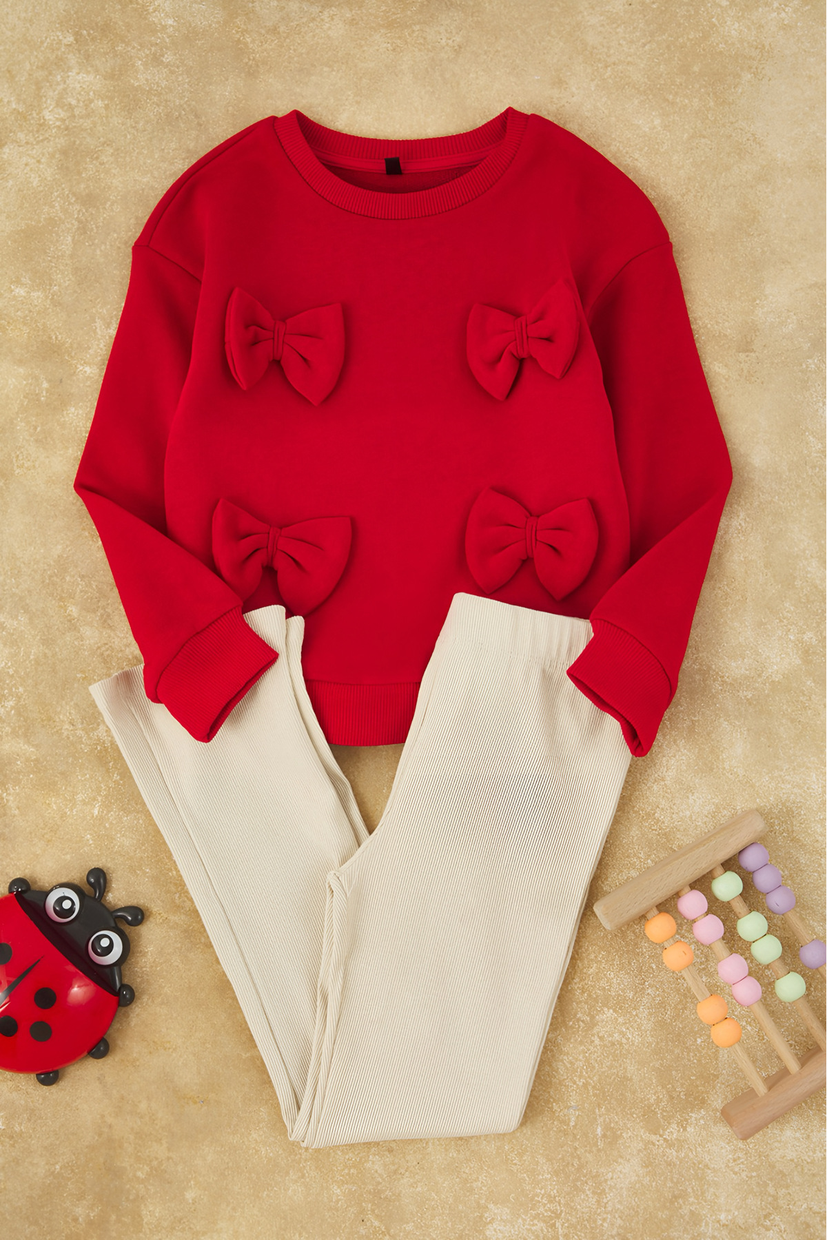 TRENDYOLKIDS Red Cotton Plain Crew Neck Oversize Girls' Knitted Bottom - Top Set Tkdaw26Au00021