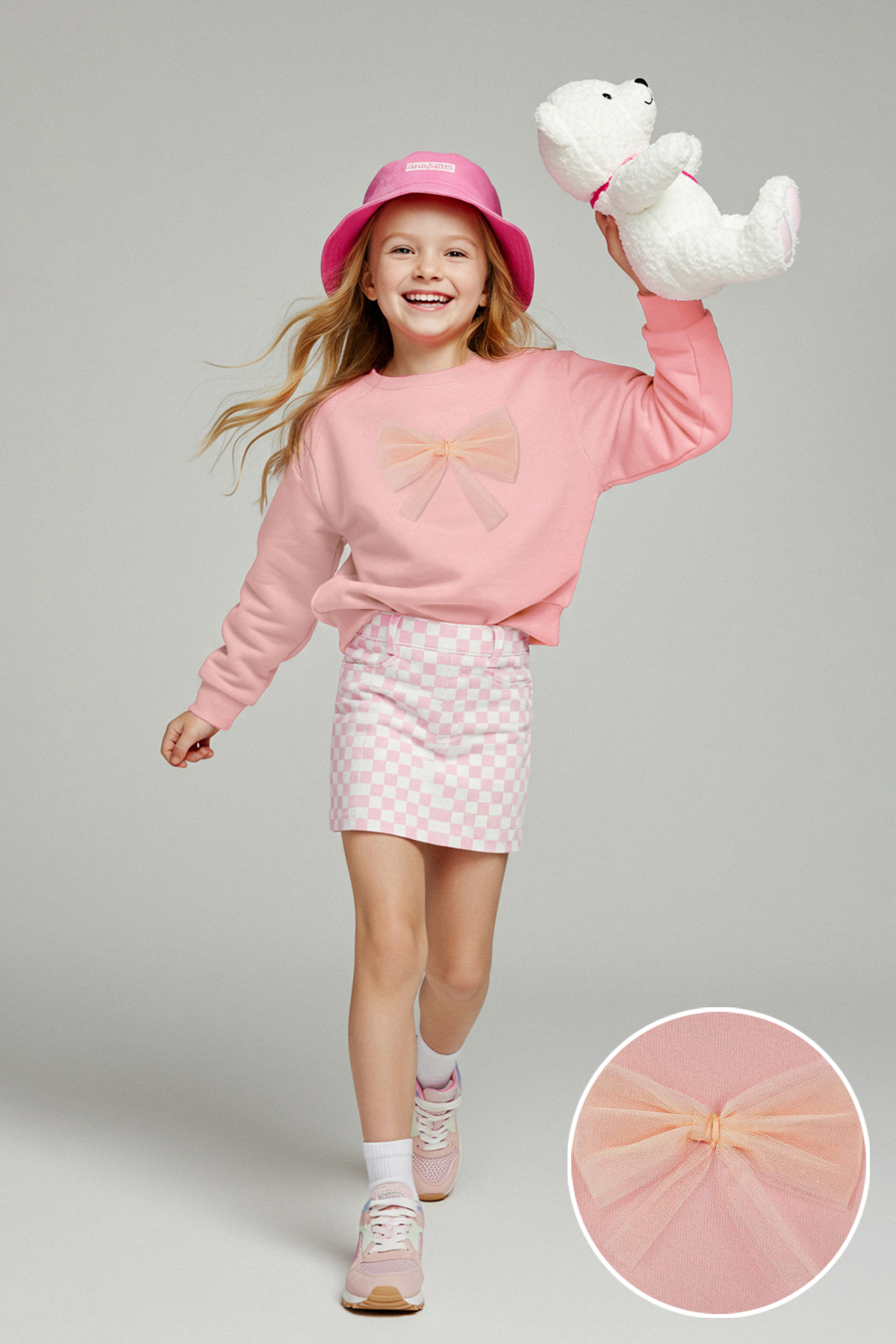 Trendyolmilla  Pudra Pamuklu Fiyonklu Kalın/İçi Polarlı Oversize Örme Kız Çocuk Sweatshirt TKDAW26SW00026