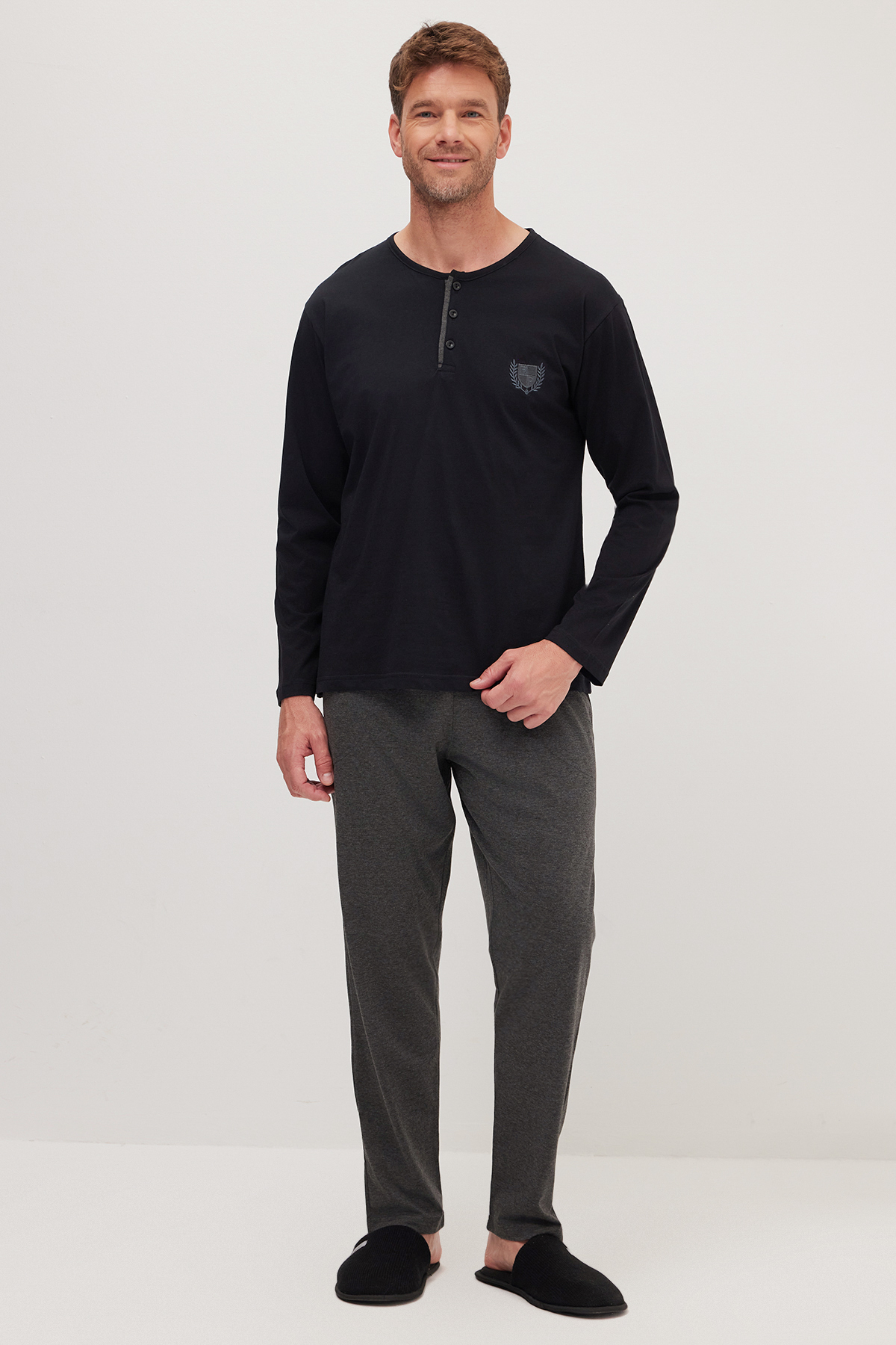 Tudors Erkek Standart Fit Normal Kesim %100 Pamuk Bisiklet Yaka Beli Lastikli Antrasit Pijama Takımı